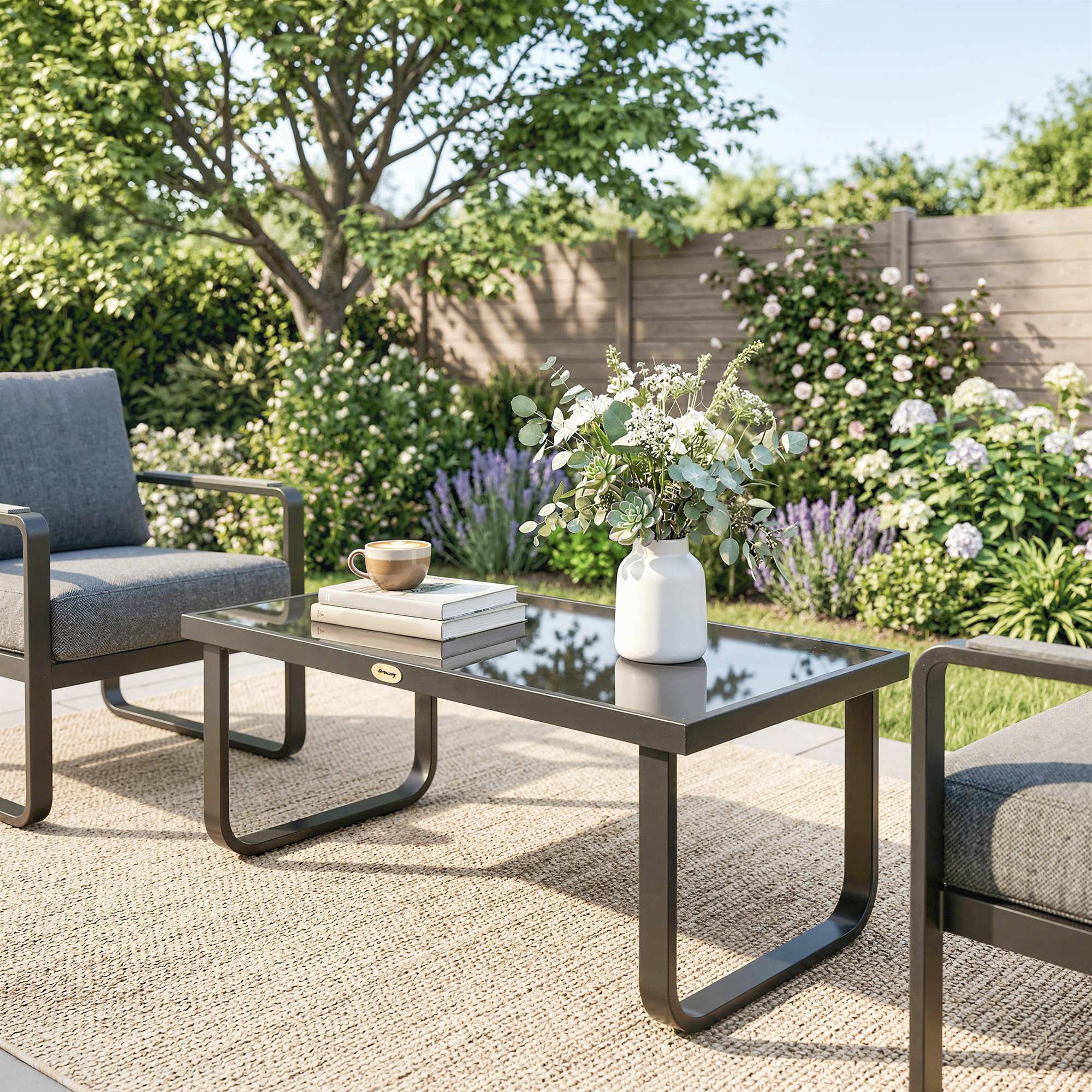 Outsunny Garden Coffee Table Outdoor Side Table with Glass Top Black - Image 16