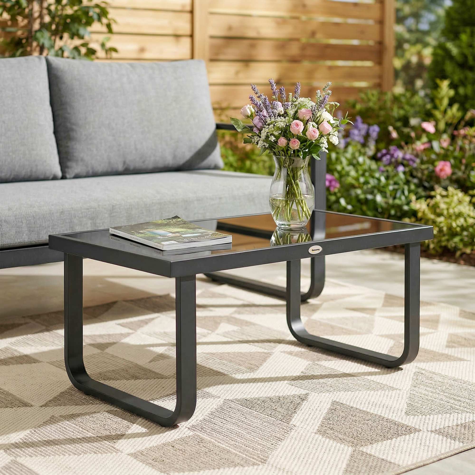 Outsunny Garden Coffee Table Outdoor Side Table with Glass Top Black - Image 17