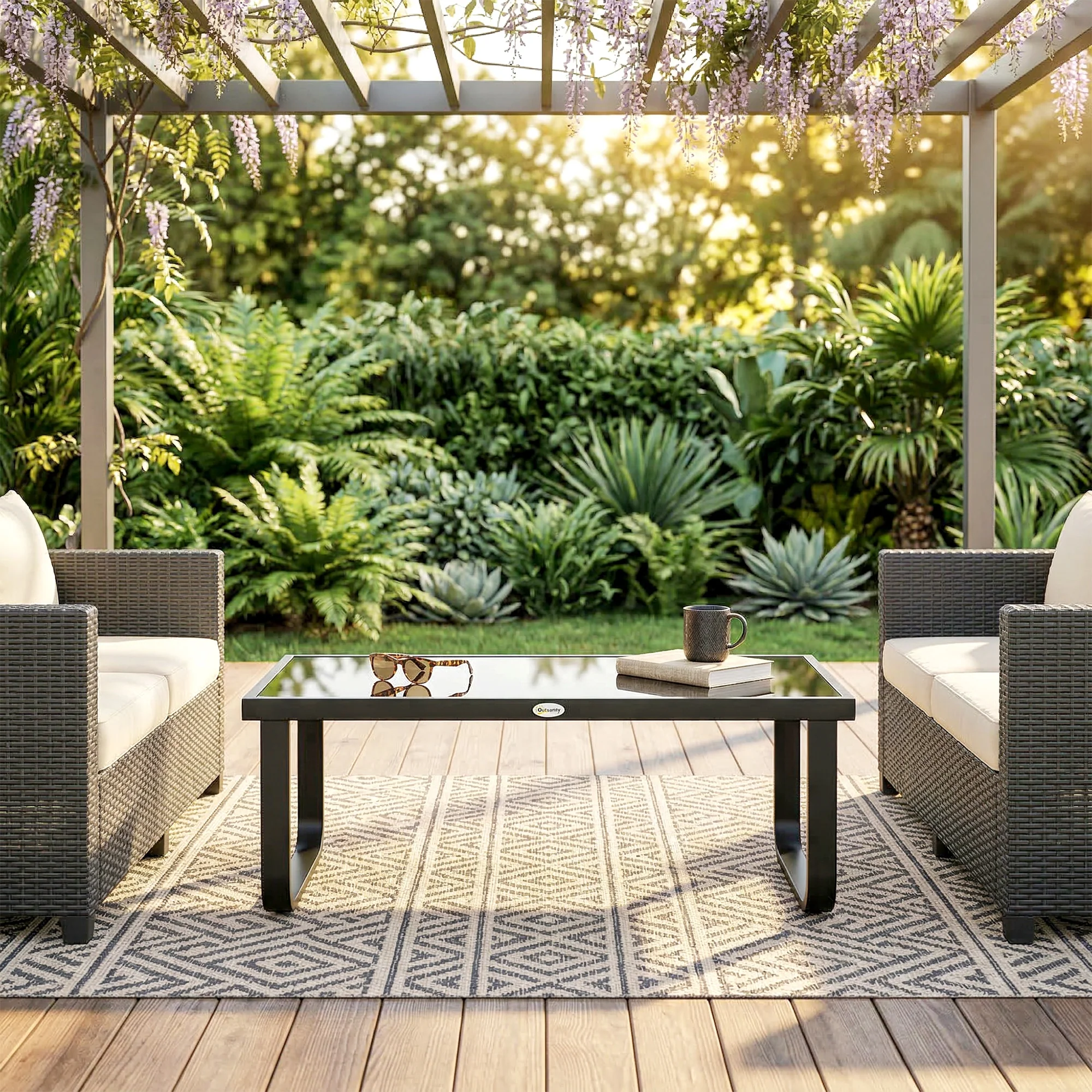 Outsunny Garden Coffee Table Outdoor Side Table with Glass Top Black - Image 18