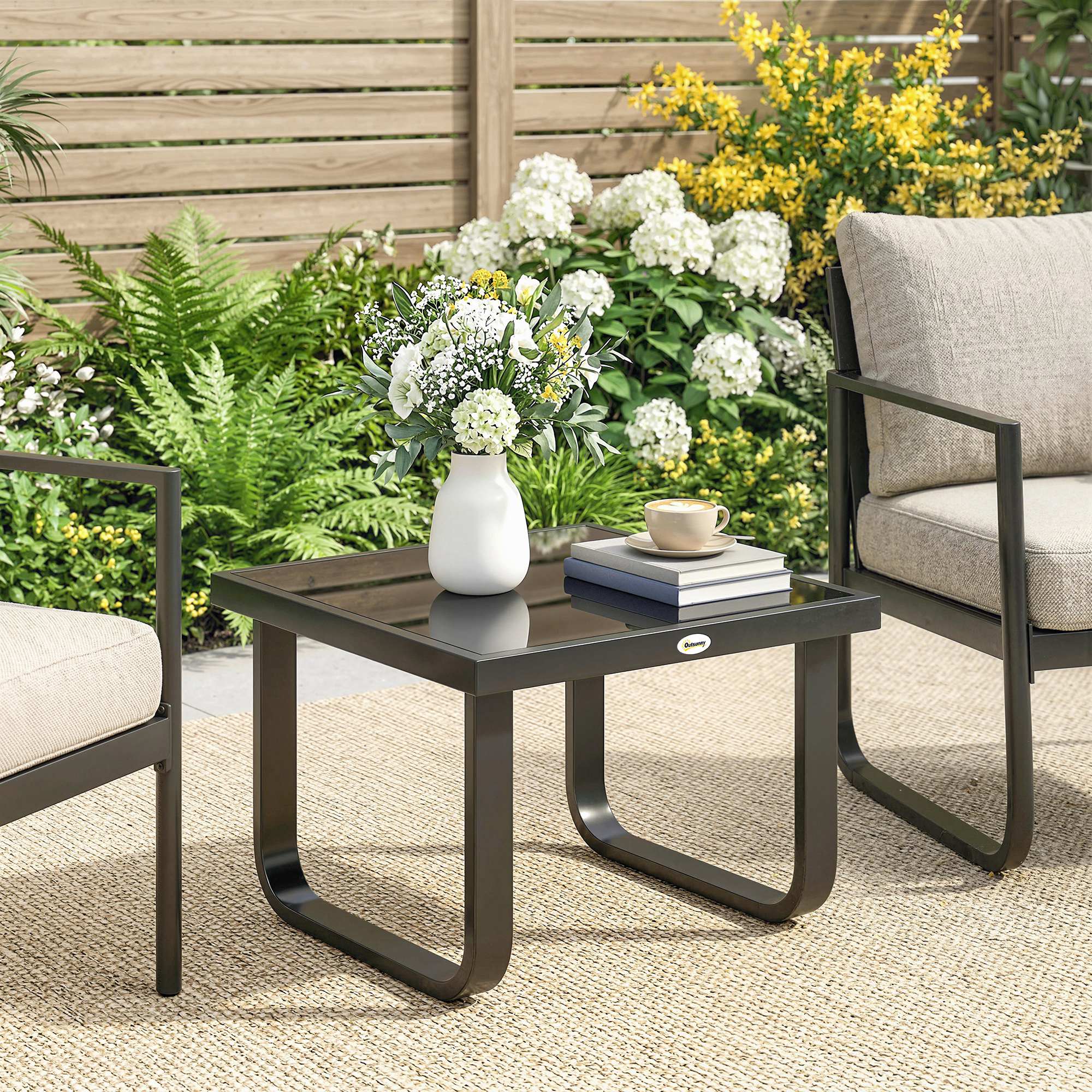 Outsunny Garden Coffee Table Outdoor Side Table with Glass Top Black - Image 2