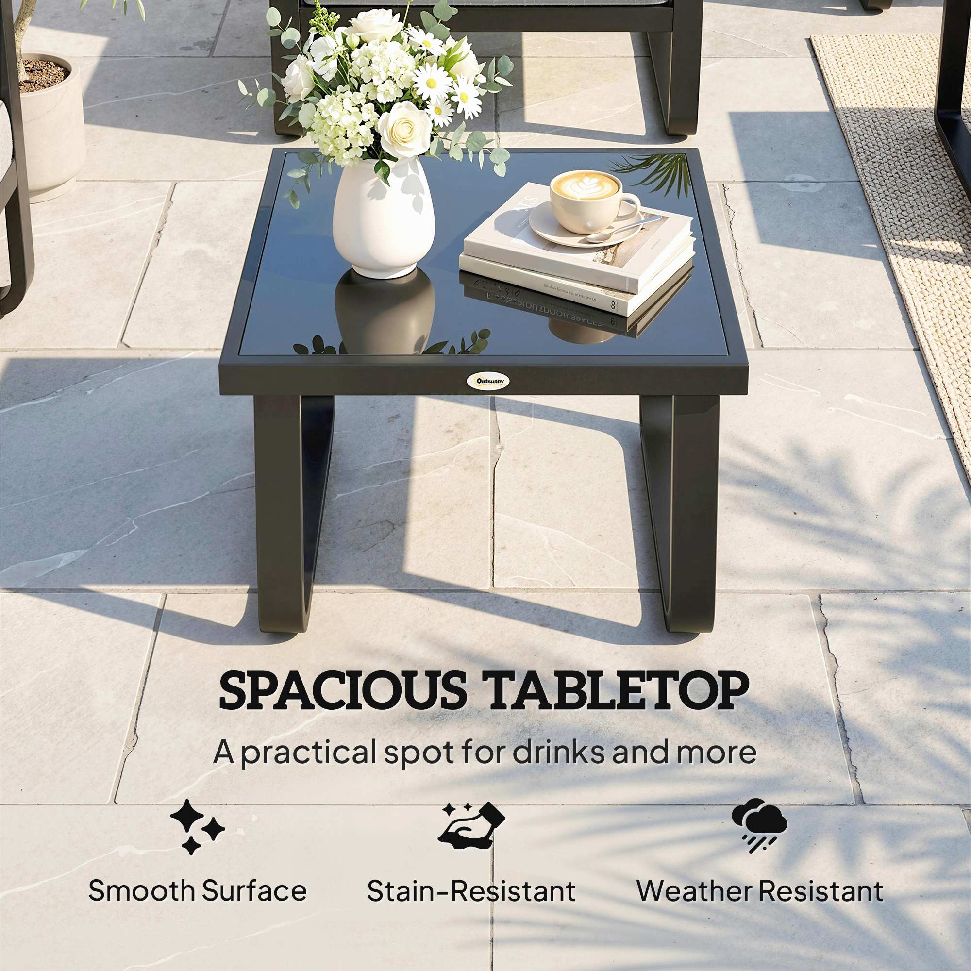 Outsunny Garden Coffee Table Outdoor Side Table with Glass Top Black - Image 3