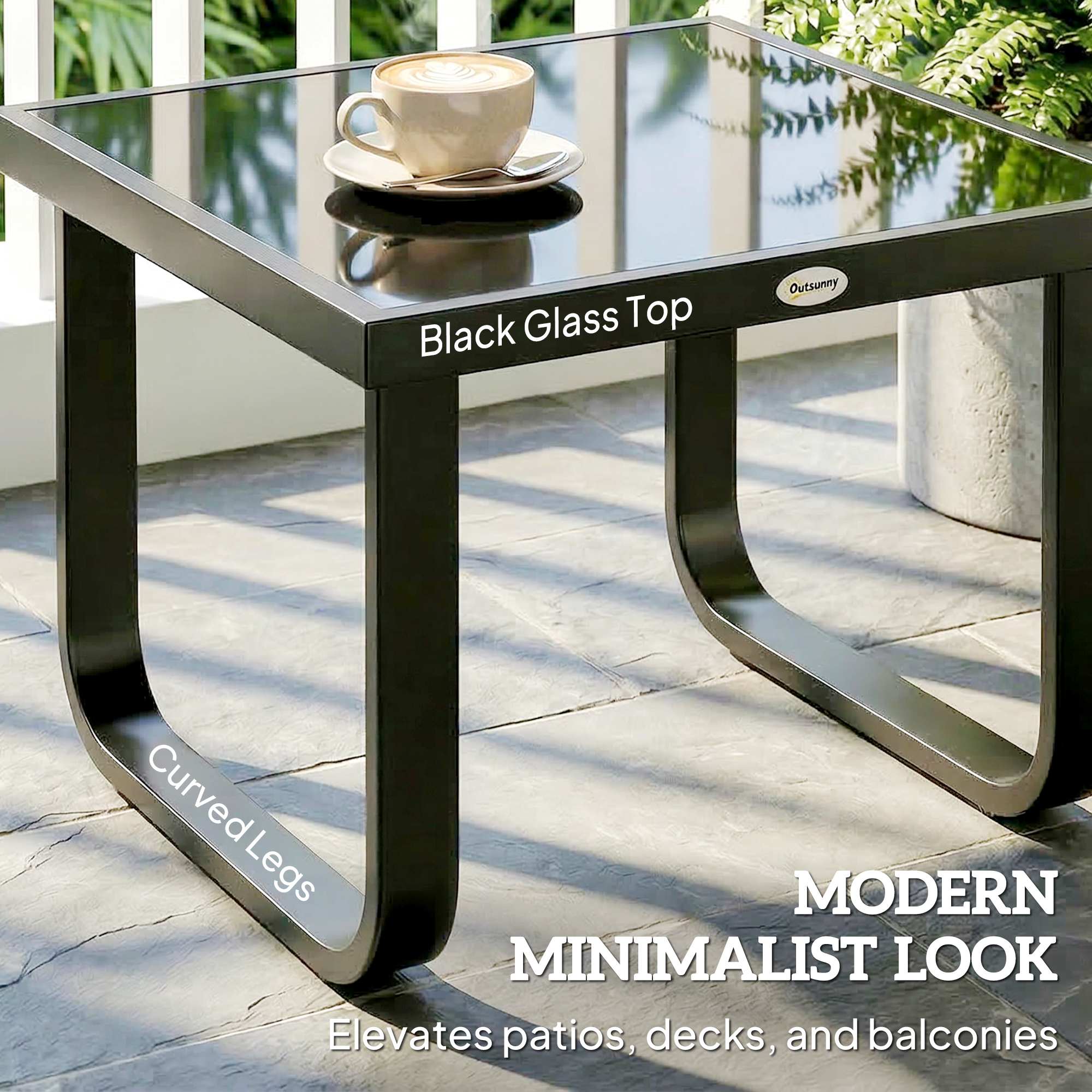Outsunny Garden Coffee Table Outdoor Side Table with Glass Top Black - Image 4