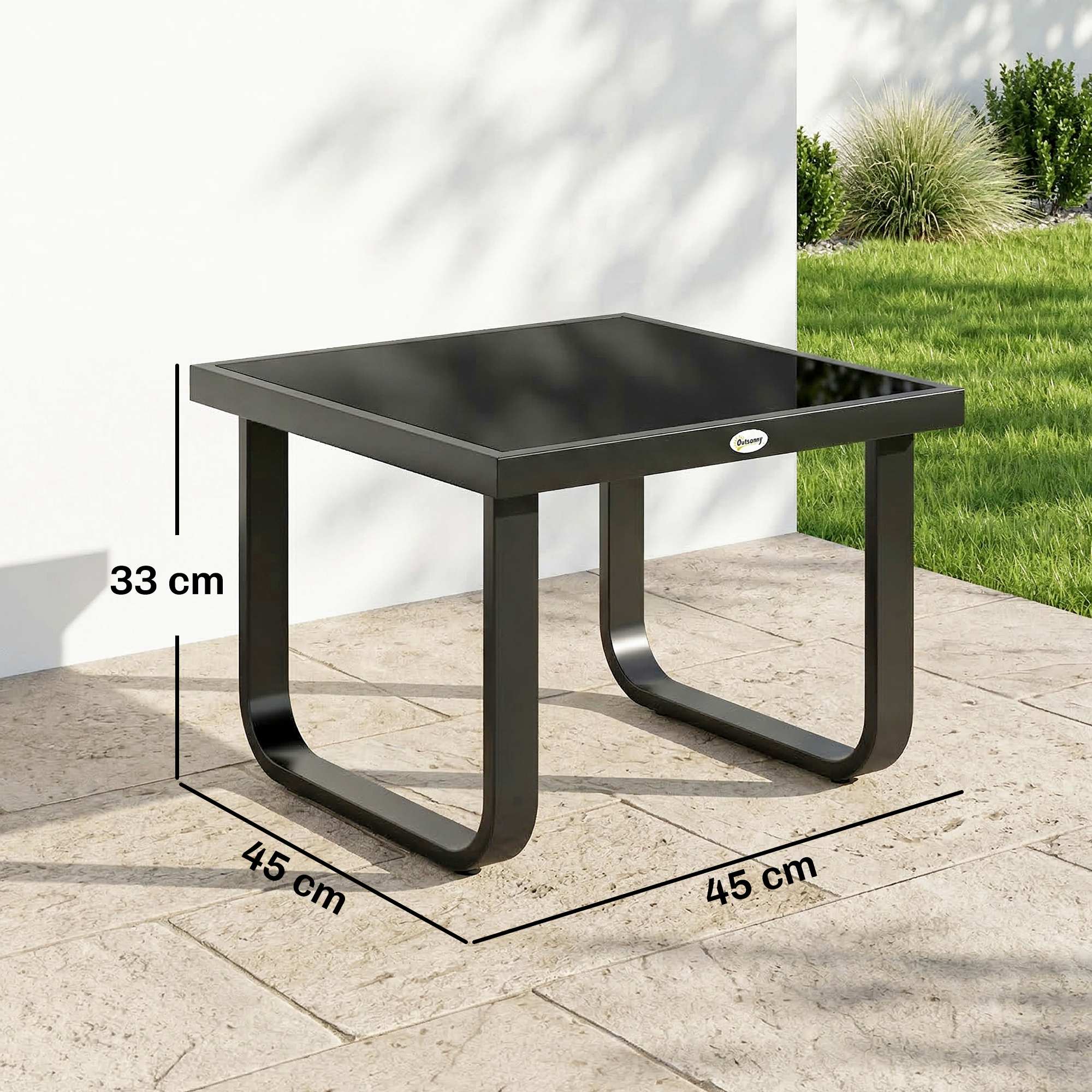 Outsunny Garden Coffee Table Outdoor Side Table with Glass Top Black - Image 5