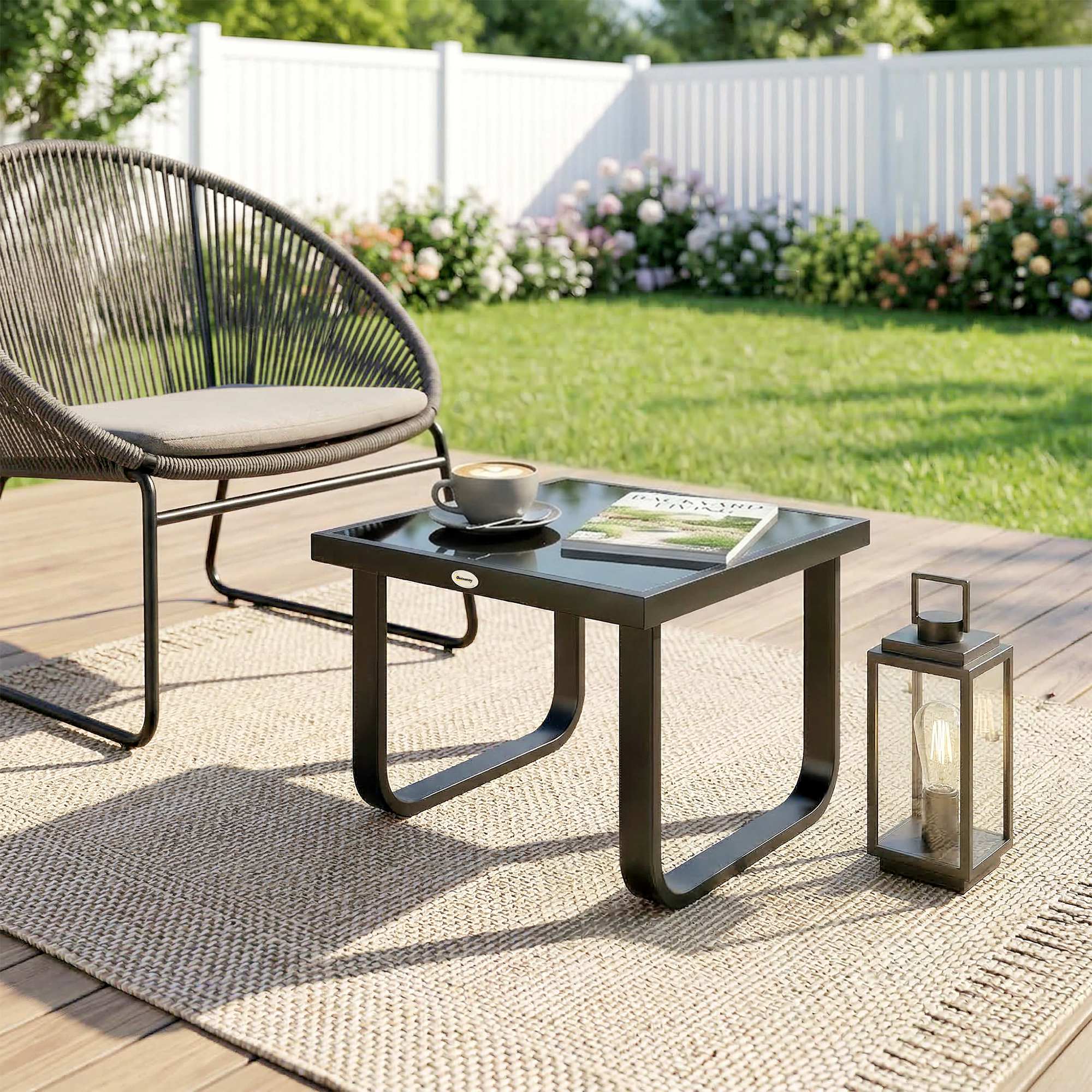 Outsunny Garden Coffee Table Outdoor Side Table with Glass Top Black - Image 7