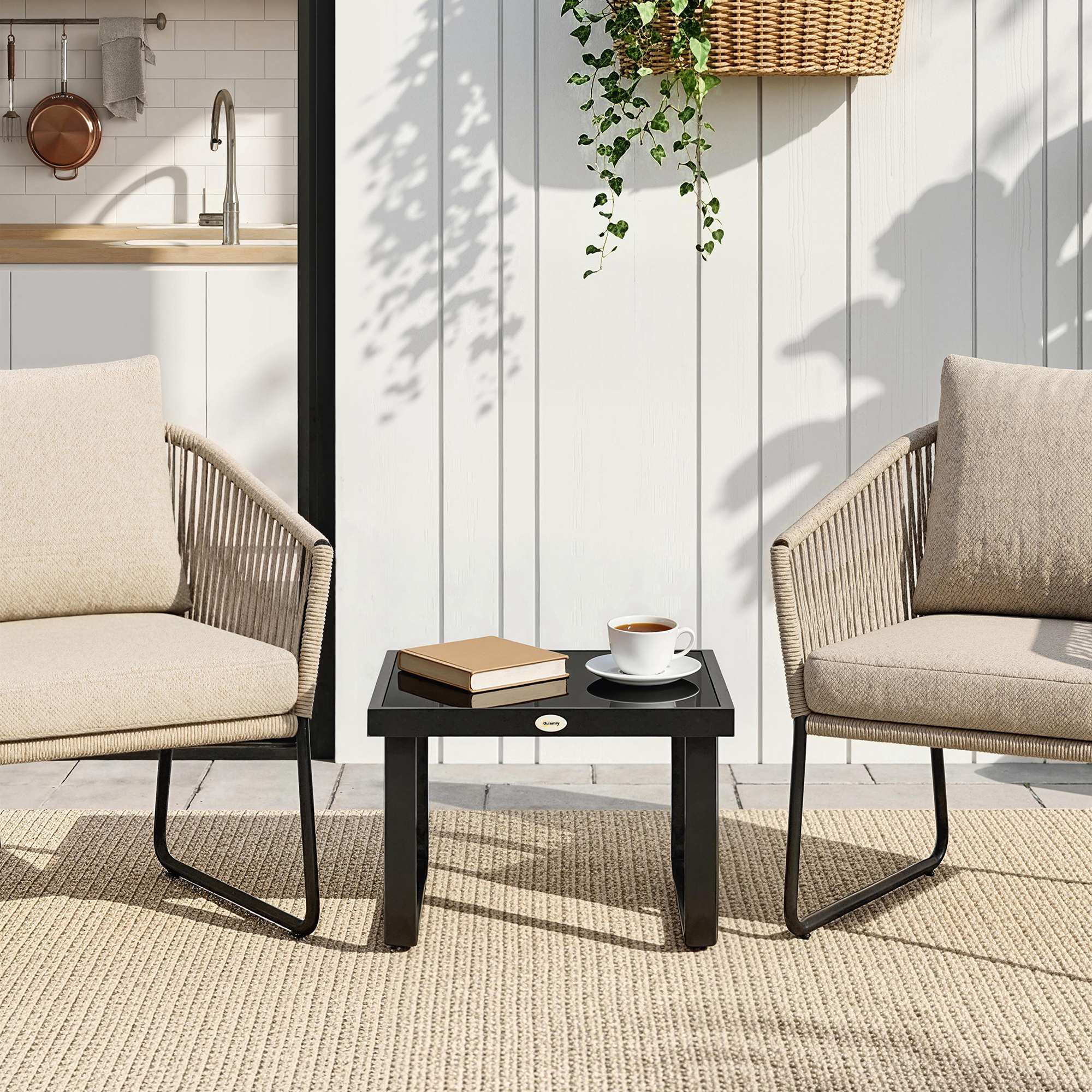 Outsunny Garden Coffee Table Outdoor Side Table with Glass Top Black - Image 8