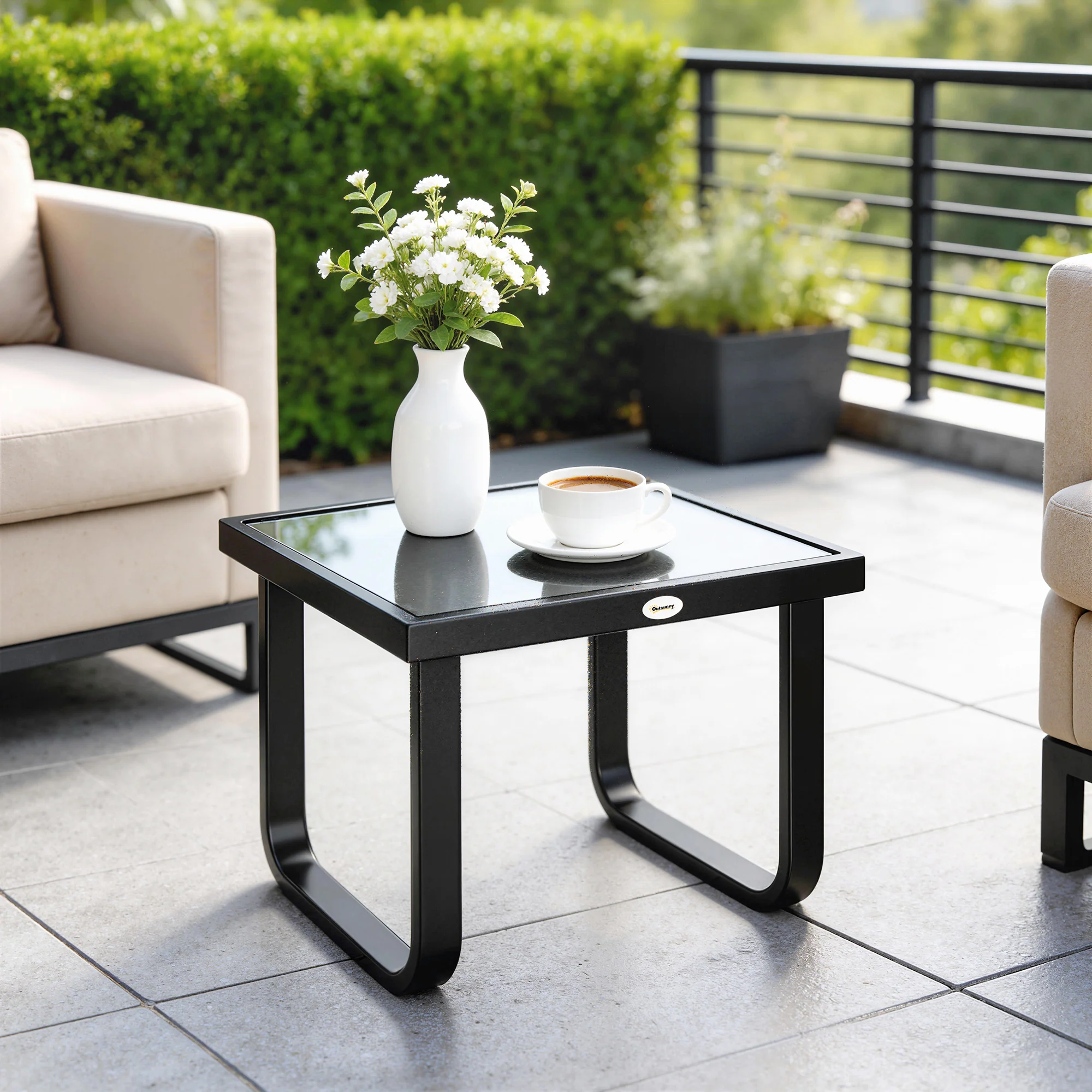 Outsunny Garden Coffee Table Outdoor Side Table with Glass Top Black - Image 9