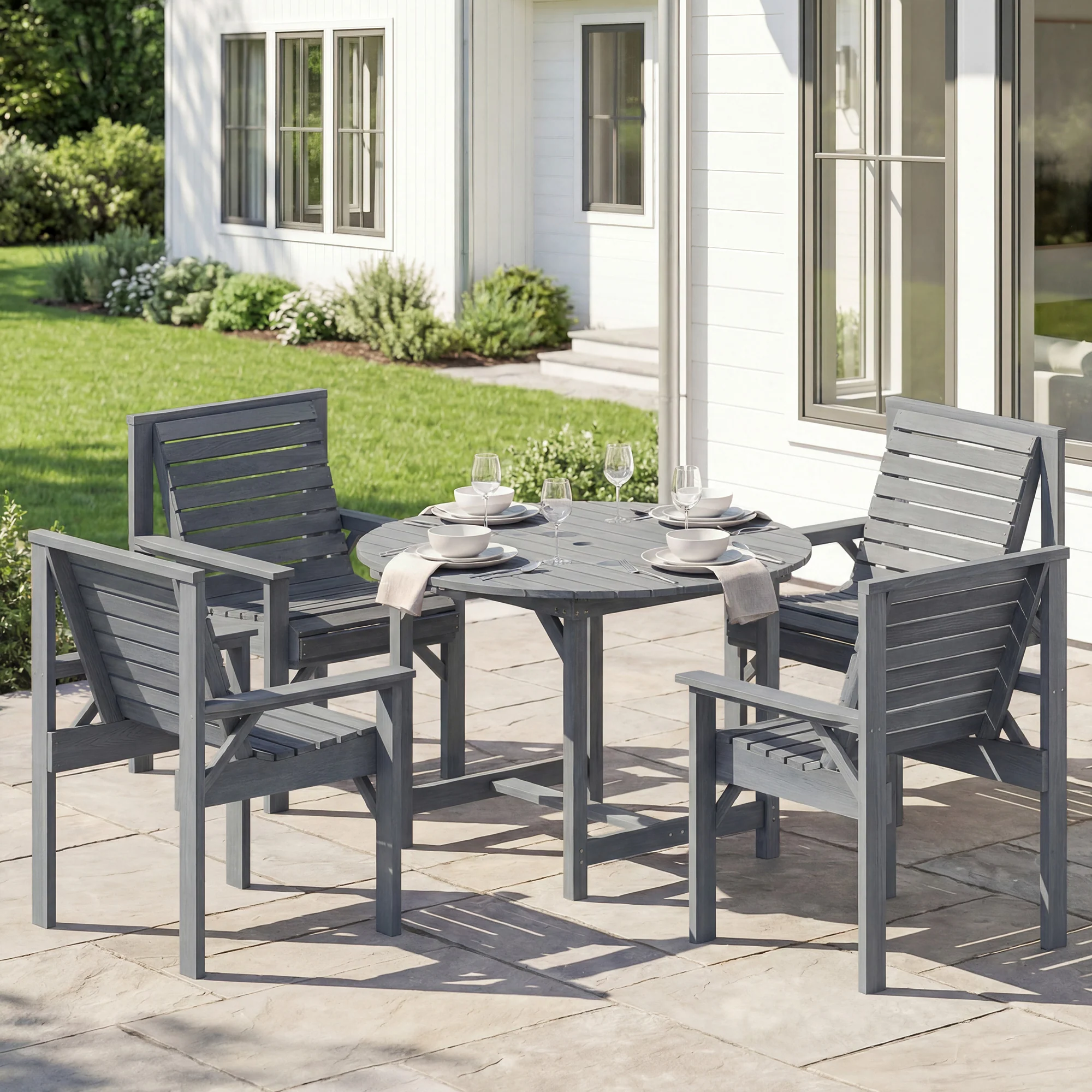 Outsunny Garden Dining Set, Round Table and Chairs w/ Parasol Hole, Grey - Image 2
