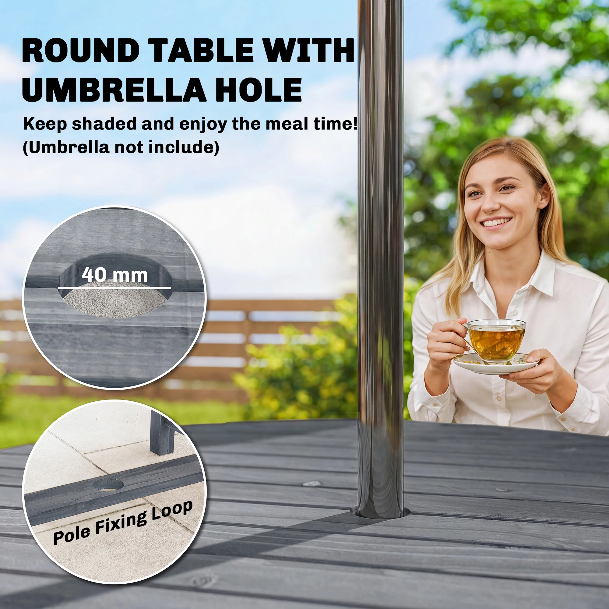 Outsunny Garden Dining Set, Round Table and Chairs w/ Parasol Hole, Grey - Image 5