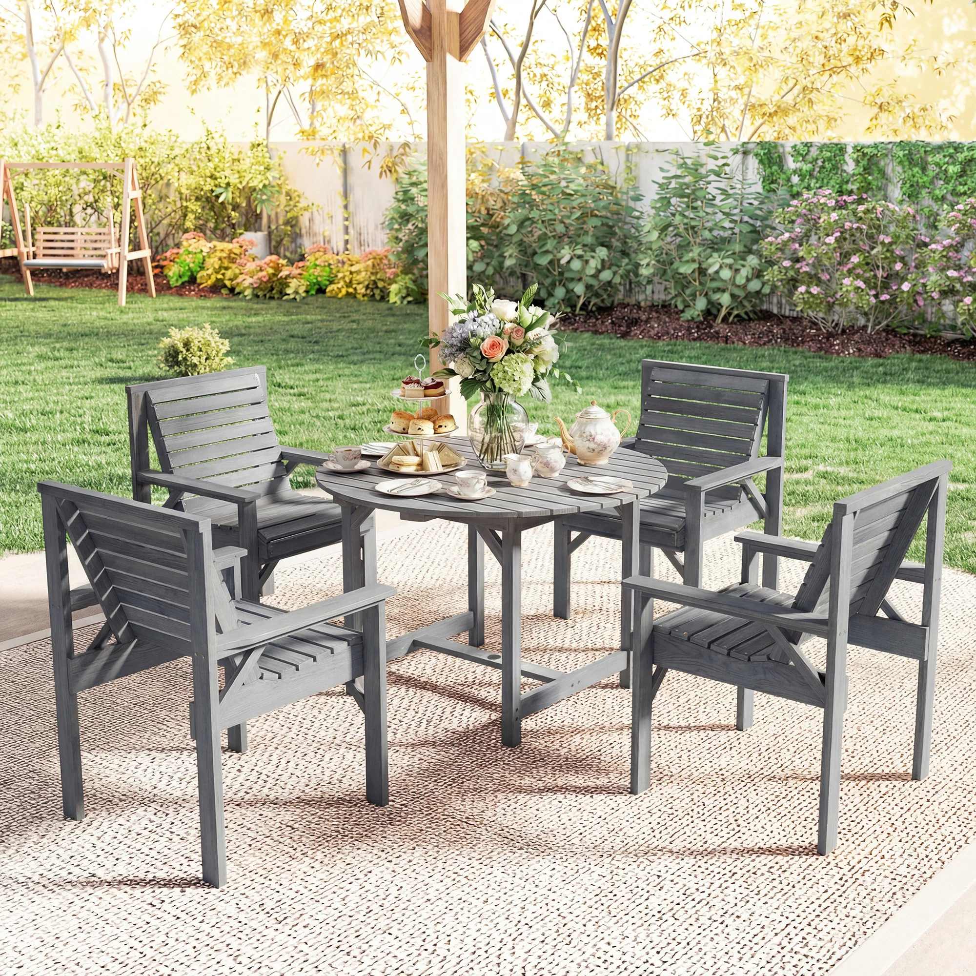 Outsunny Garden Dining Set, Round Table and Chairs w/ Parasol Hole, Grey - Image 9