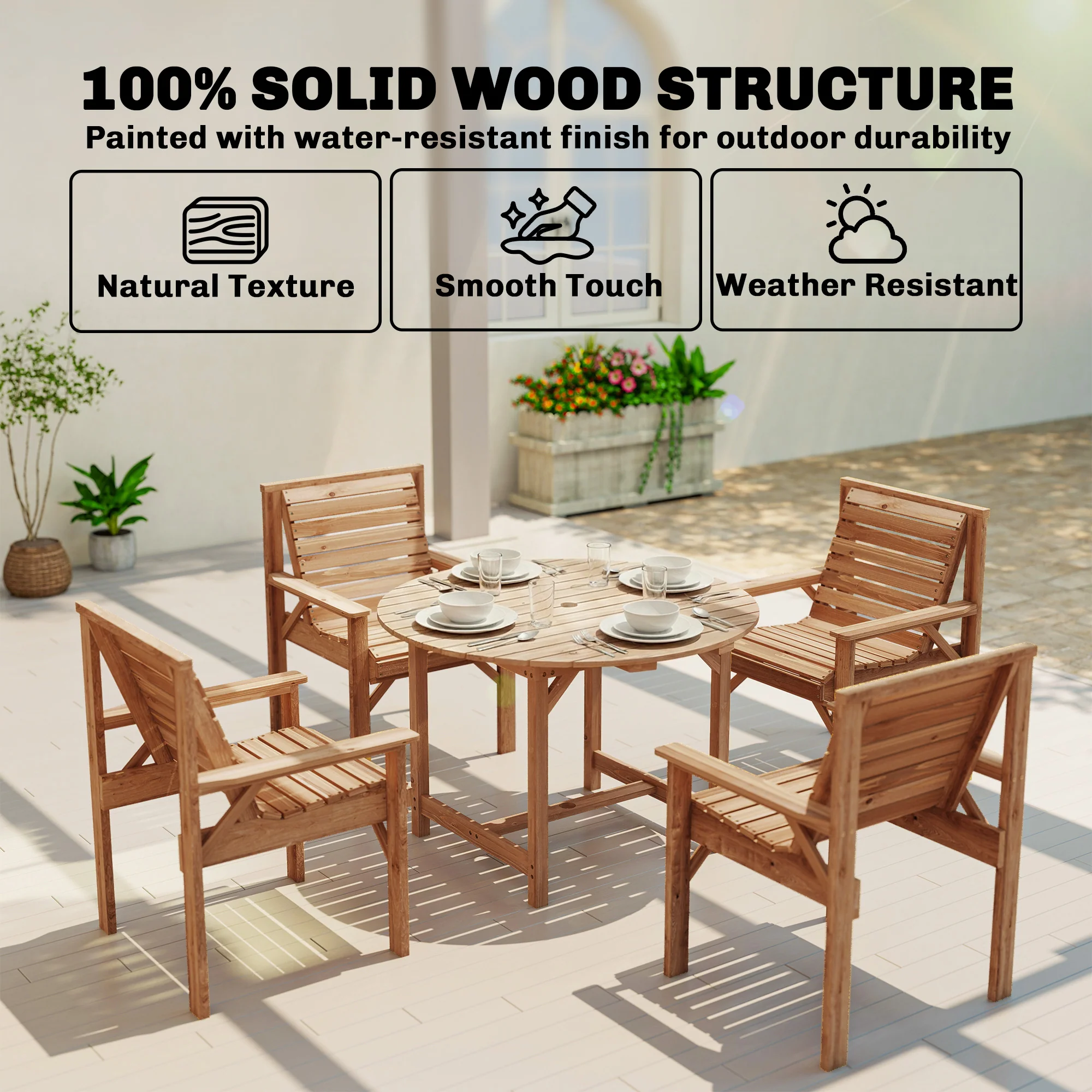 Outsunny Garden Dining Set, Round Table and Chairs w/ Parasol Hole, Natural - Image 4