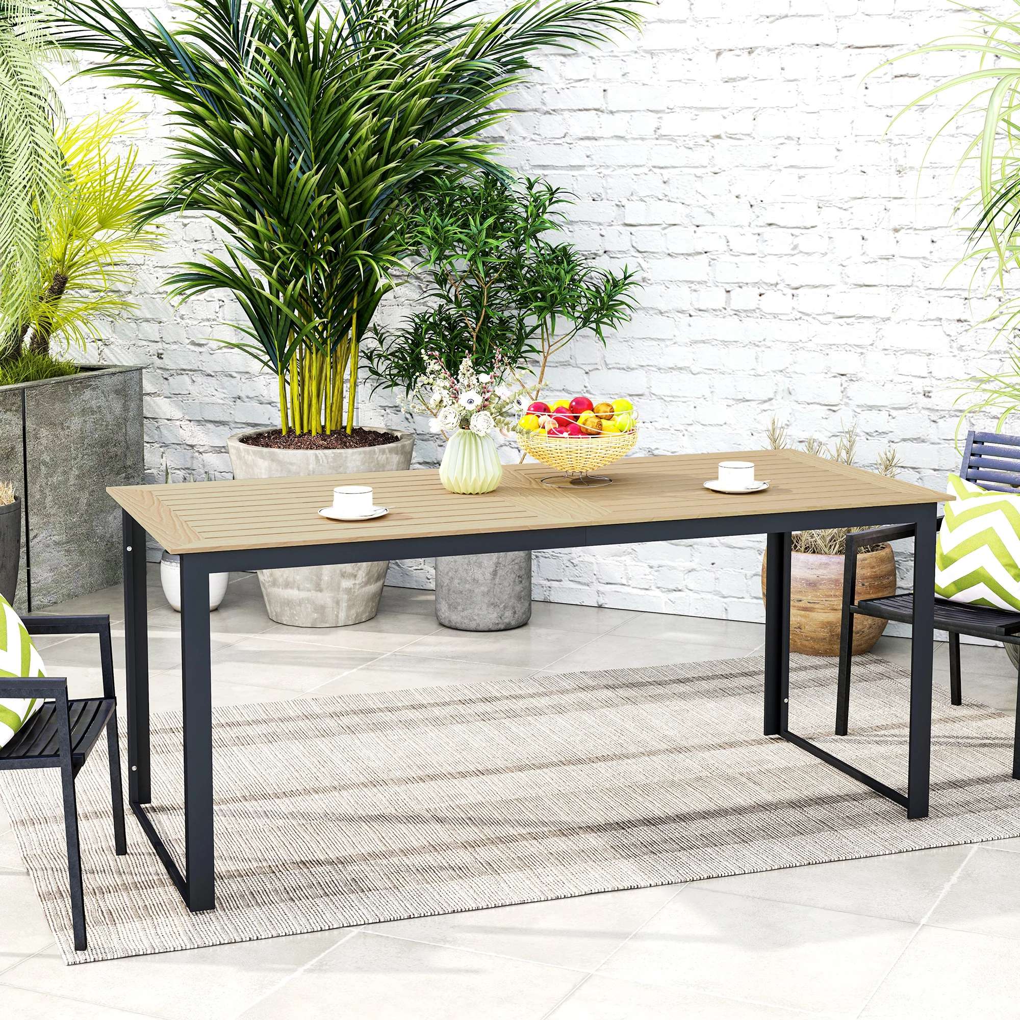 Outsunny Garden Dining Table for 6 People with Slatted Table Top Metal Frame - Image 2