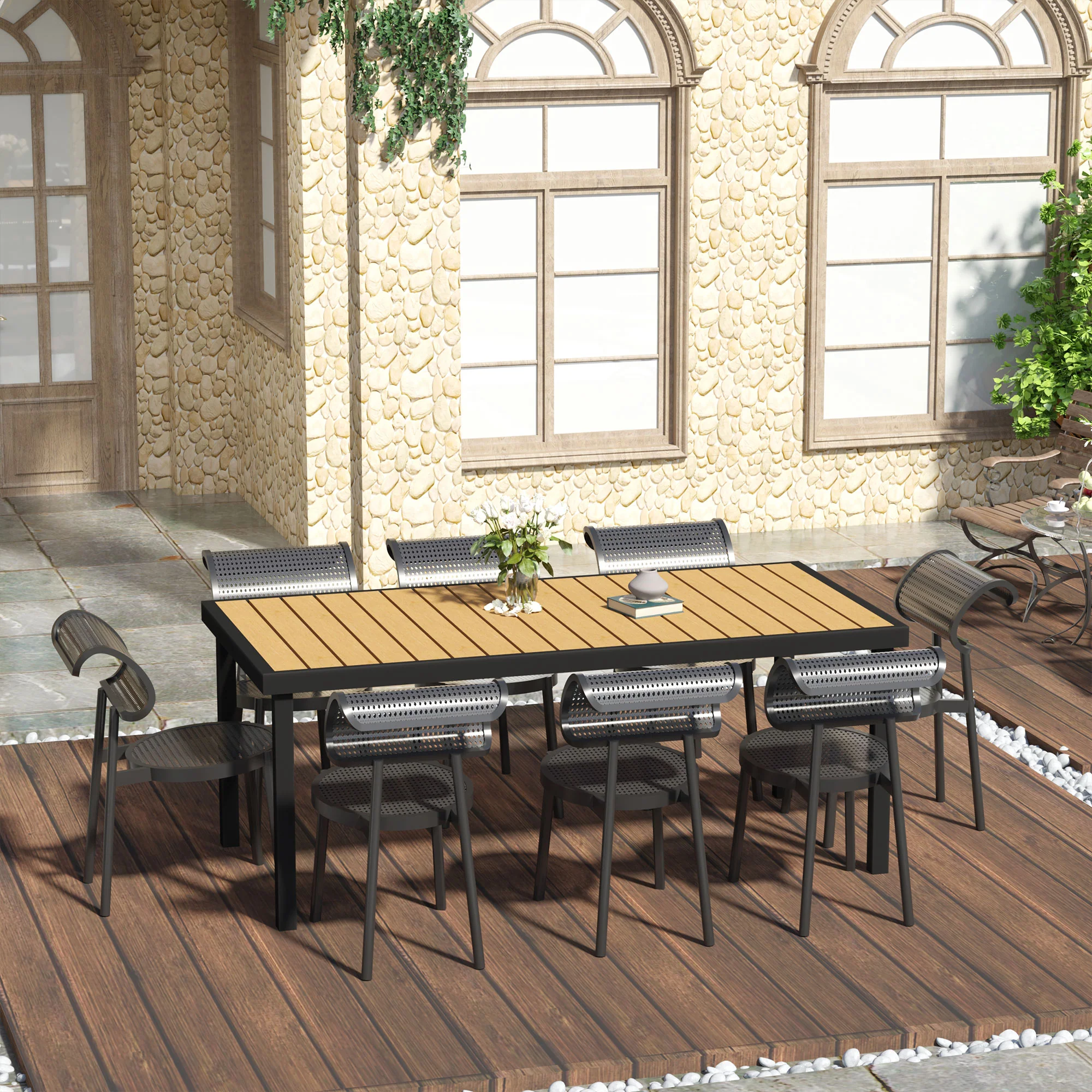 Outsunny Garden Dining Table For 8, Aluminium Frame For Patio, Natural - Image 11