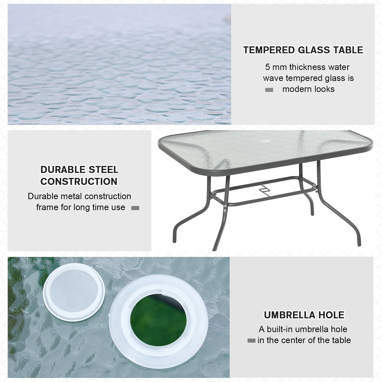 Outsunny Garden Dining Table Glass Top Metal Frame With Parasol Hole Outdoor Balcony Grey 120L X 80Wcm - Image 6