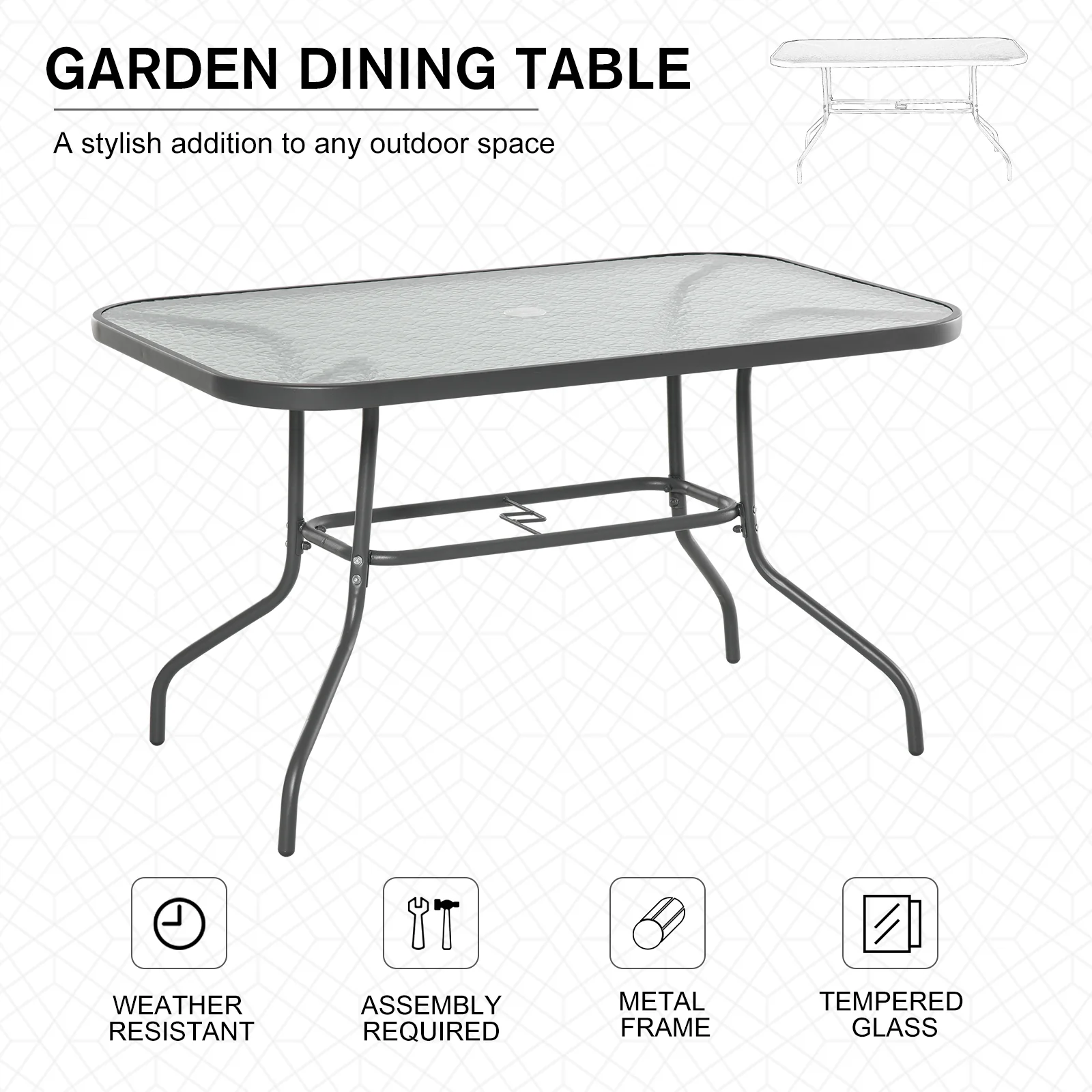 Outsunny Garden Dining Table Glass Top Metal Frame With Parasol Hole Outdoor Balcony Grey 120L X 80Wcm - Image 7