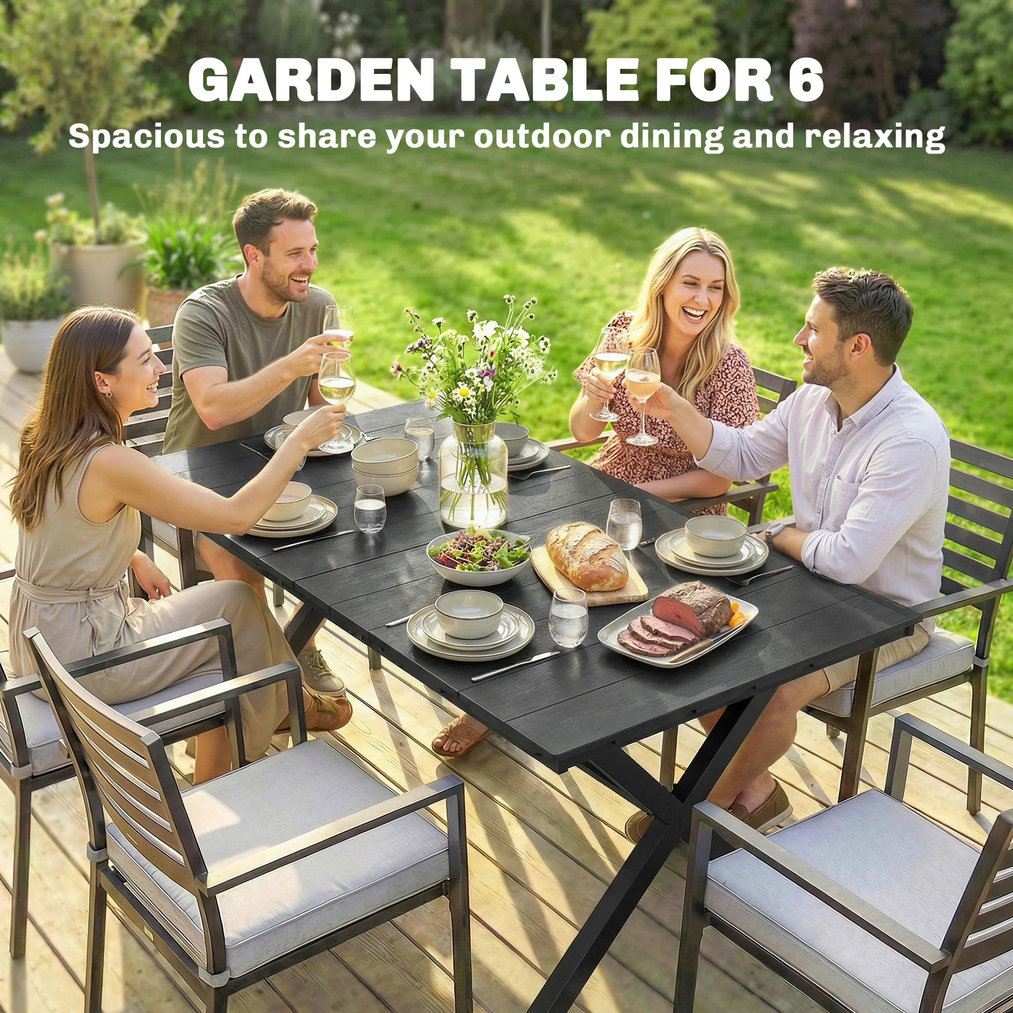 Outsunny Garden Dining Table, Outdoor Table for 6, Wood Effect Top, Black - Image 4