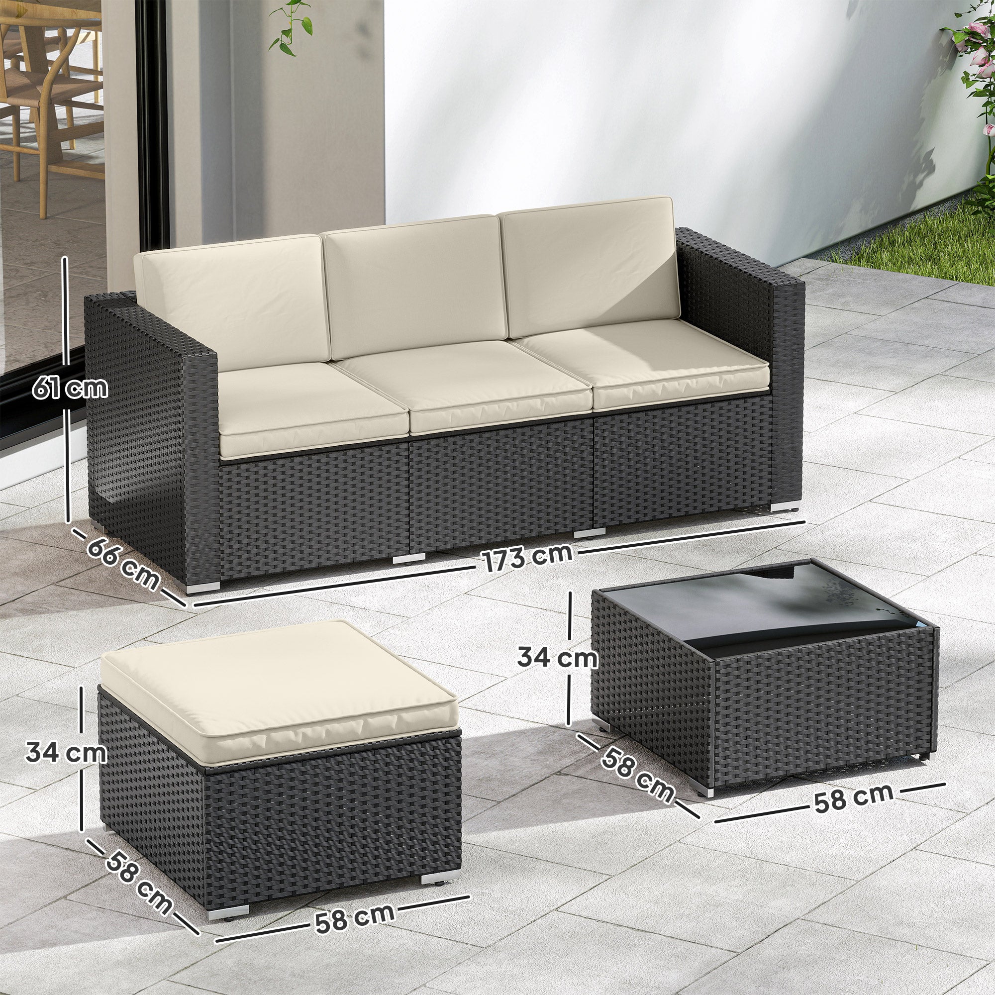 Outsunny Garden Furniture Set W/ Padded Cushions Corner Sofa Set, Black - Image 3