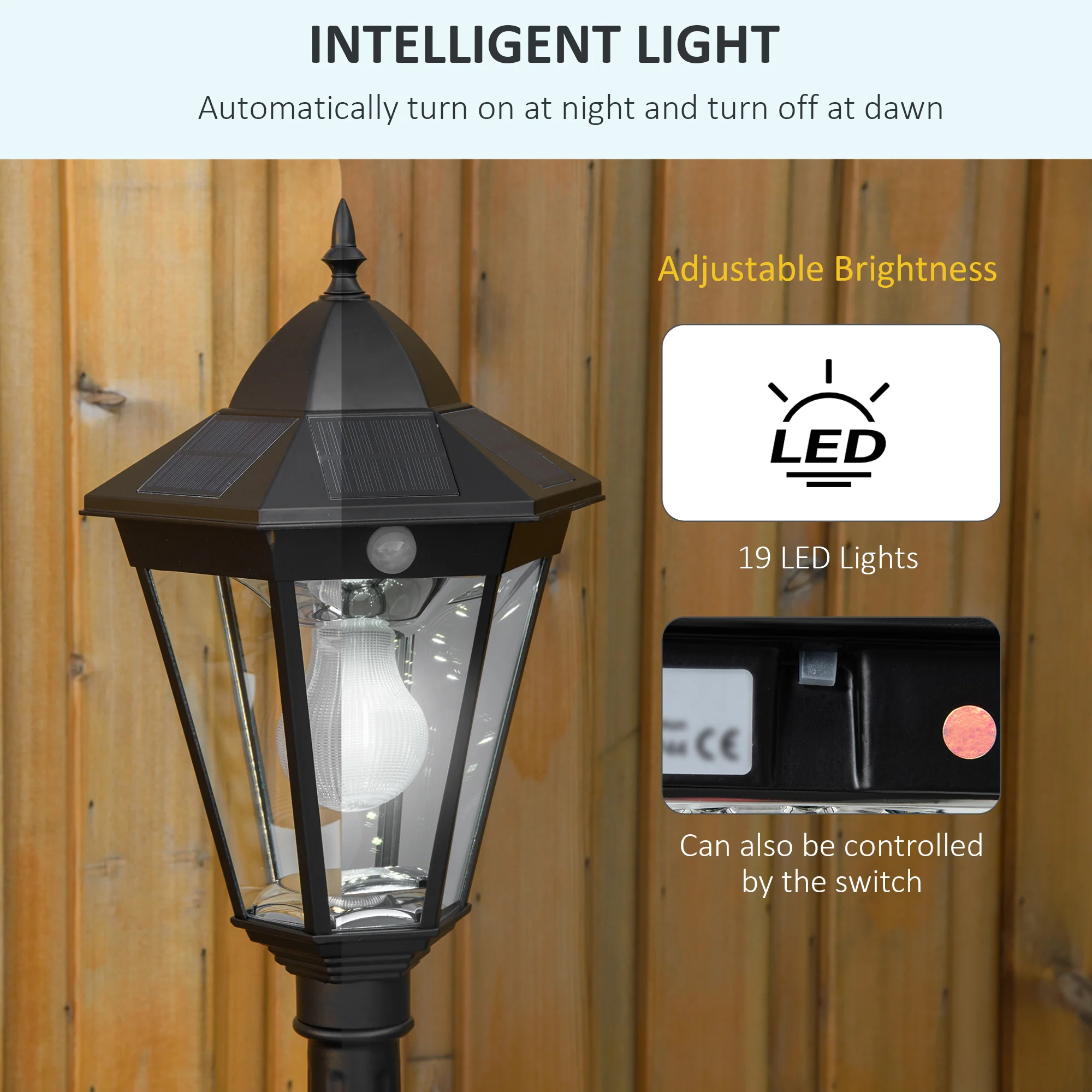 Outsunny Garden Lamp Post Light, IP44 Outdoor LED Solar Powered Lantern Lamp with Aluminium Frame for Patio, Pathway and Walkway, Black - Image 5