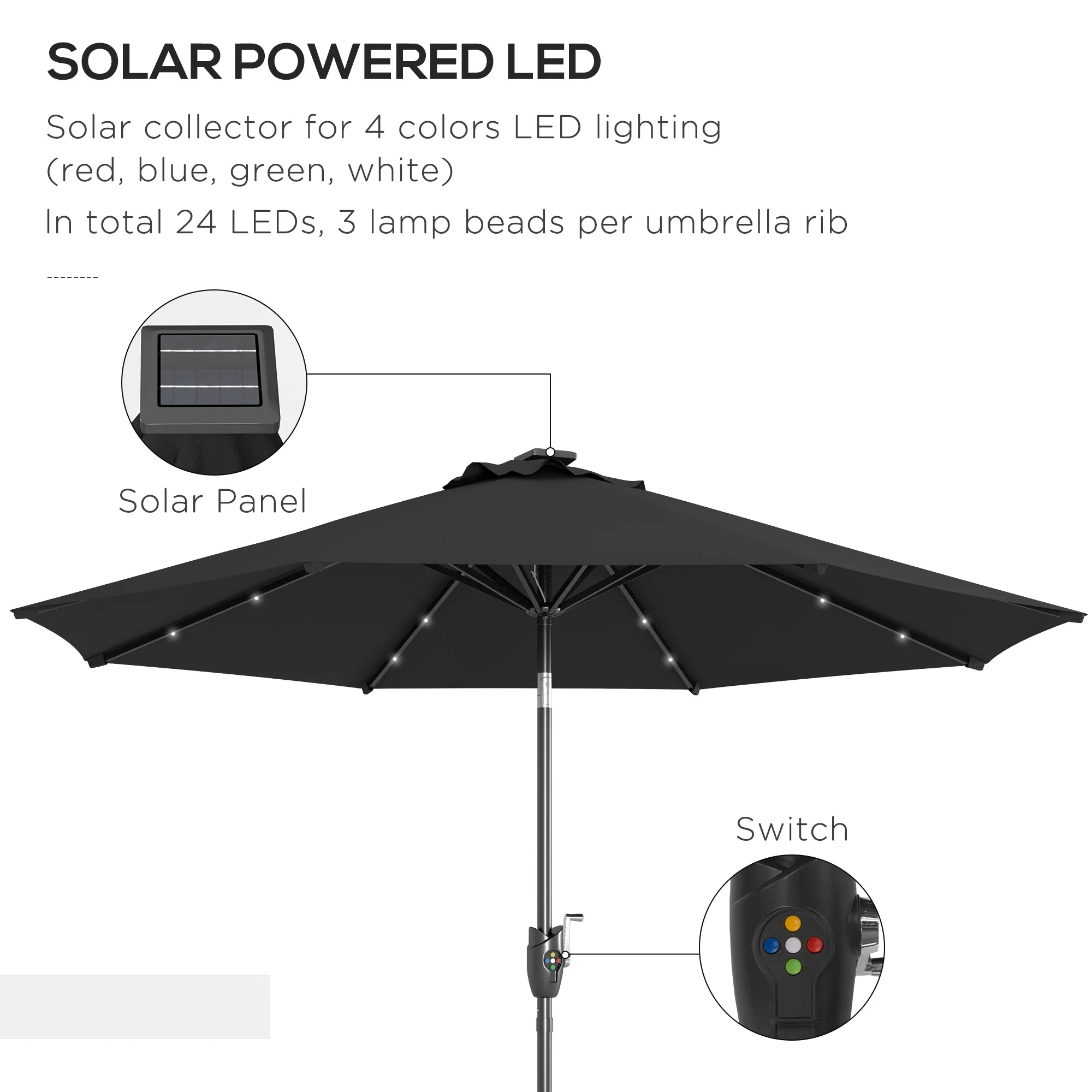 Outsunny Garden Parasol Outdoor Tilt Sun Umbrella LED Light Hand Crank Black - Image 4