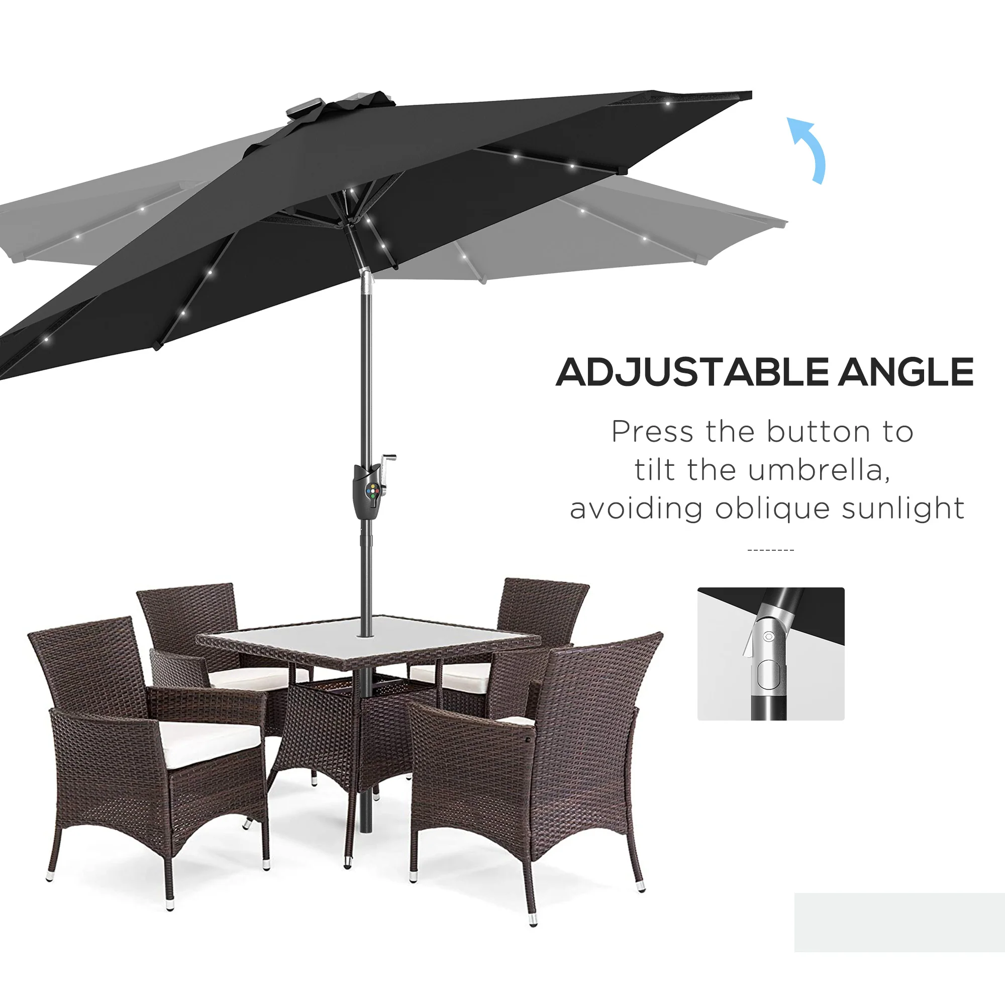 Outsunny Garden Parasol Outdoor Tilt Sun Umbrella LED Light Hand Crank Black - Image 6