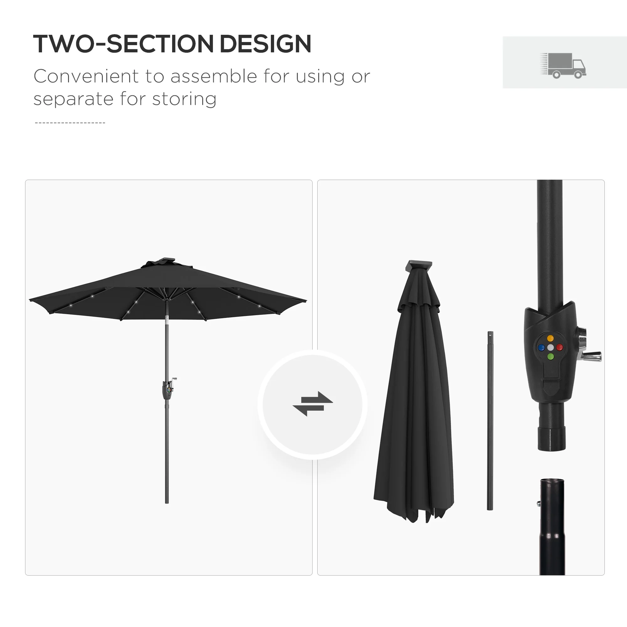 Outsunny Garden Parasol Outdoor Tilt Sun Umbrella LED Light Hand Crank Black - Image 8