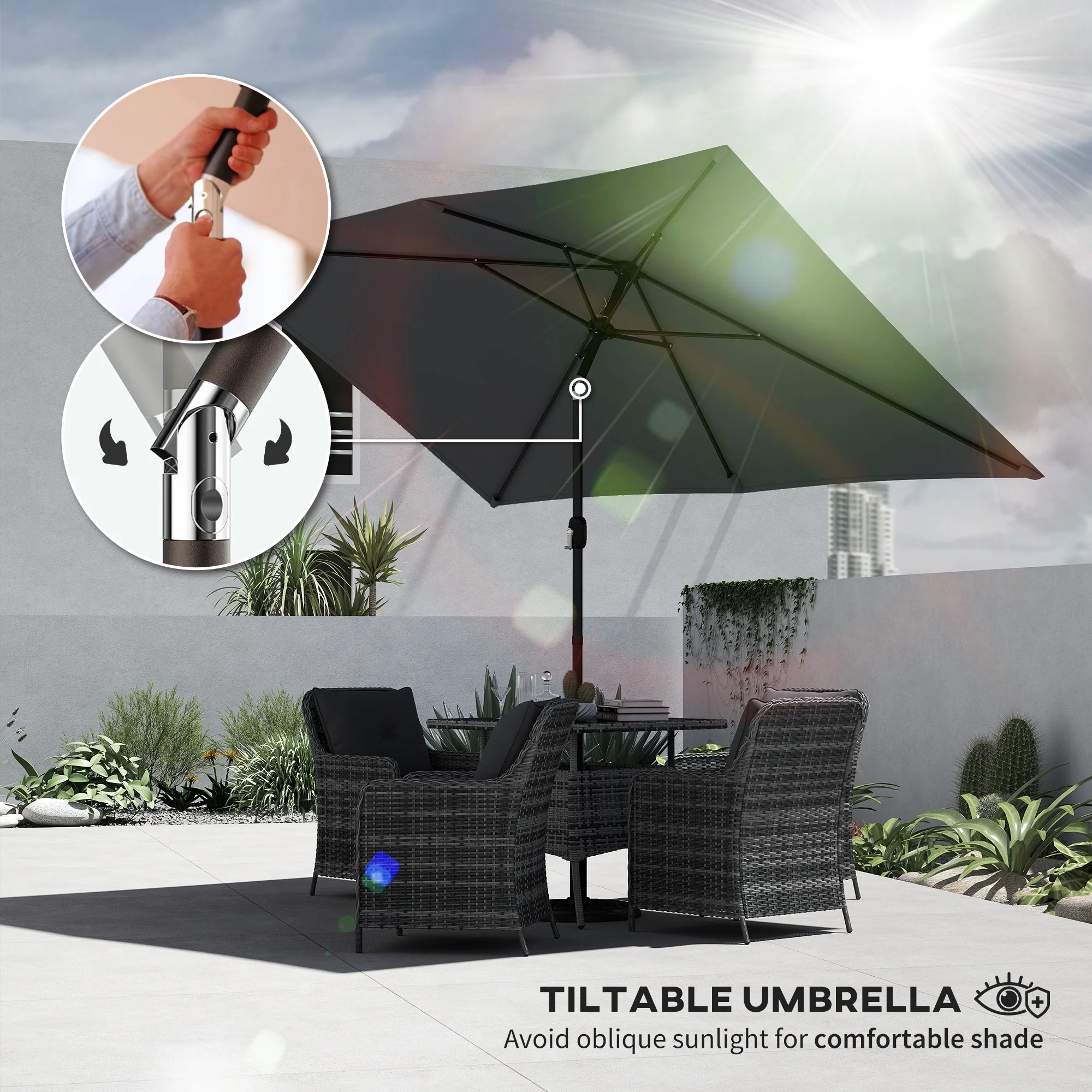 Outsunny Garden Parasol, Outdoor Umbrella With Tilt Function, Dark Grey - Image 4