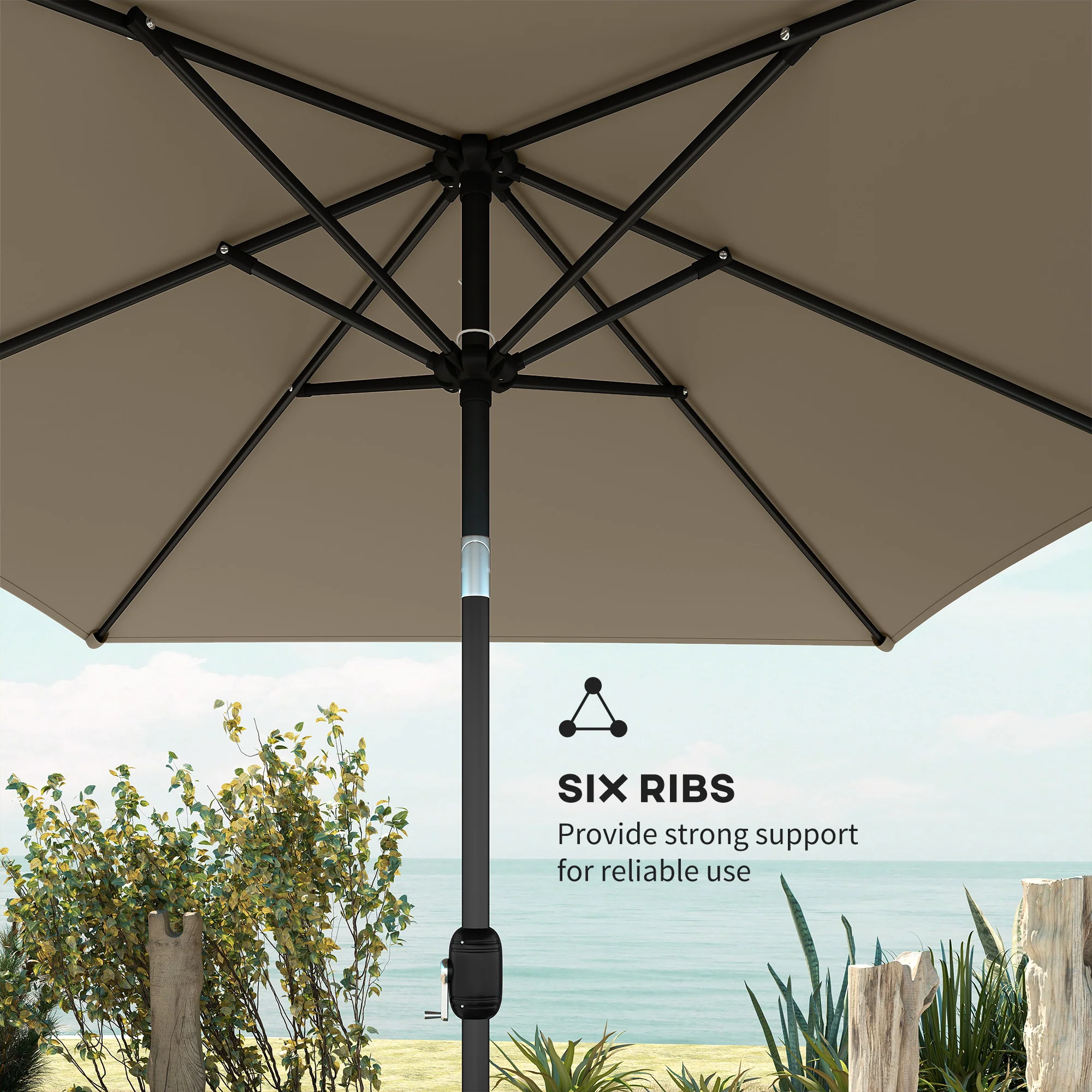 Outsunny Garden Parasol, Outdoor Umbrella With Tilt Function, Khaki - Image 6