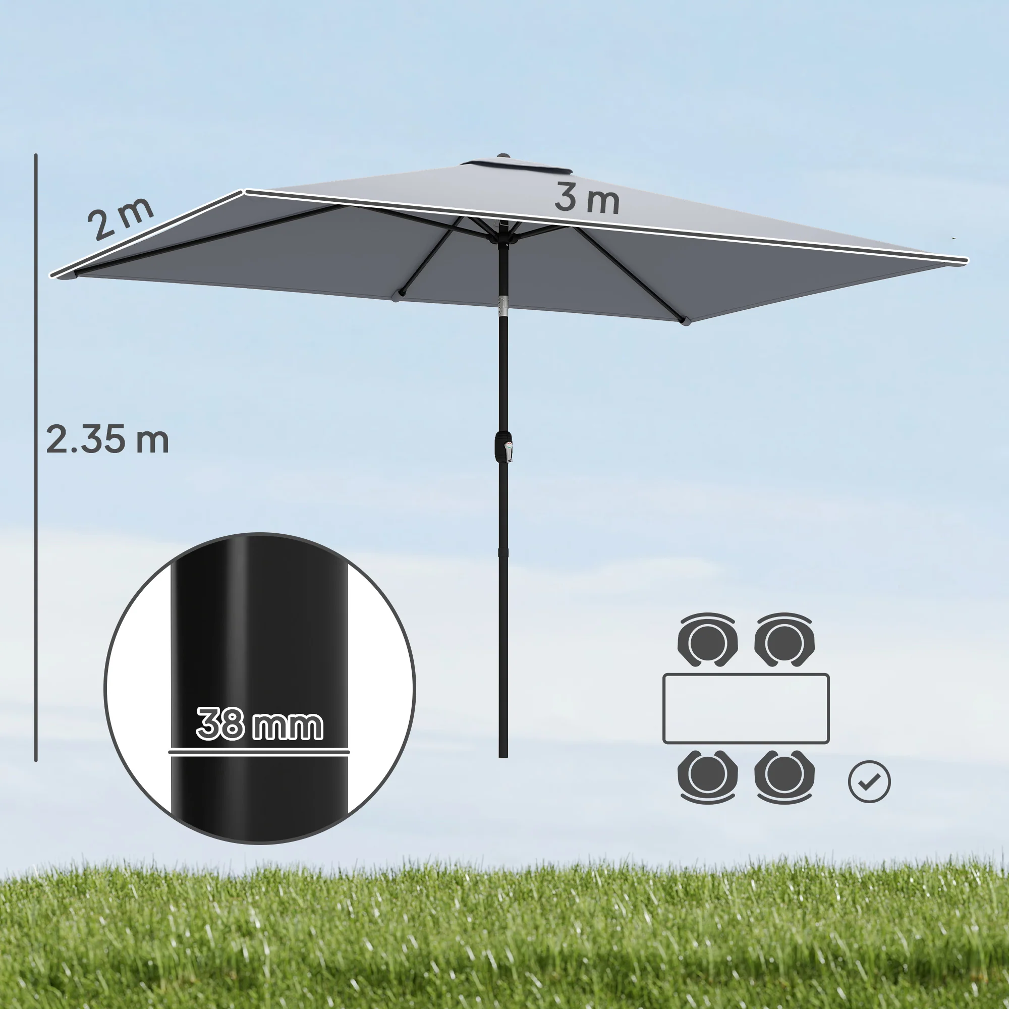 Outsunny Garden Parasol, Outdoor Umbrella With Tilt Function, Light Grey - Image 3