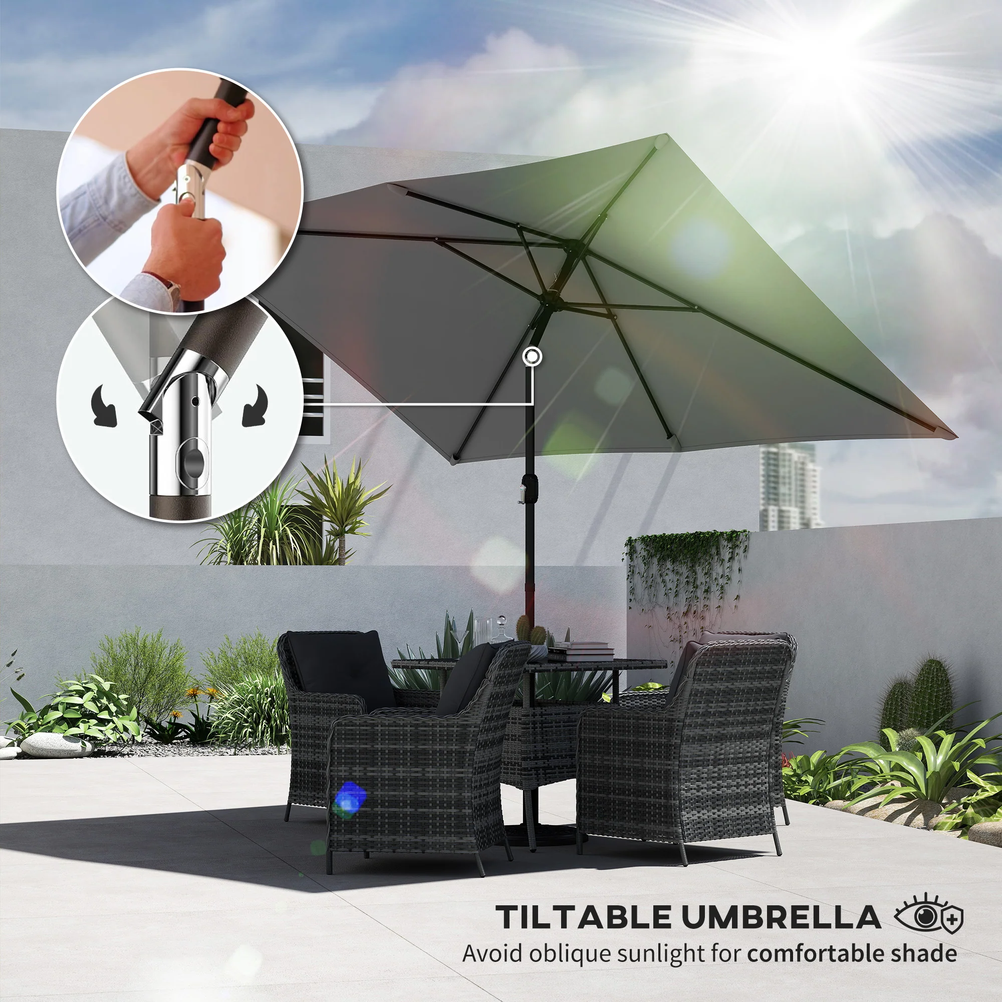 Outsunny Garden Parasol, Outdoor Umbrella With Tilt Function, Light Grey - Image 4