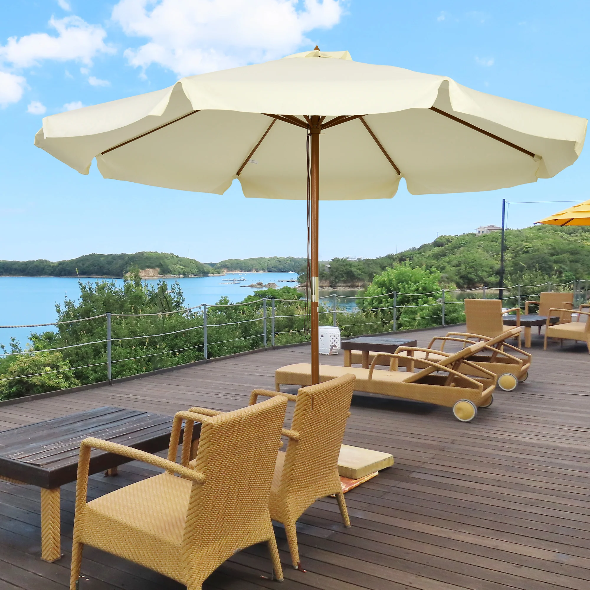 Outsunny Garden Parasol Patio Umbrella With Ruffles And Wooden Pole Beige - Image 2