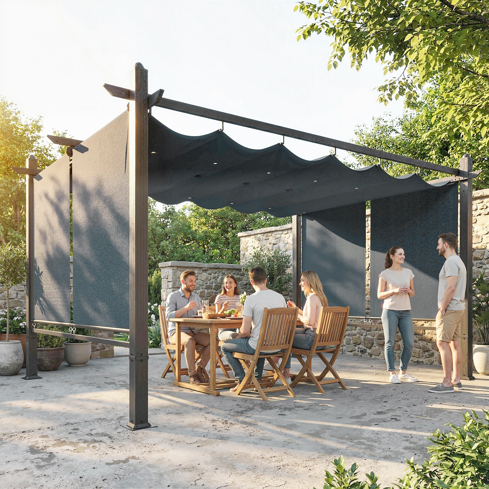 Outsunny Garden Pergola with Retractable Roof Canopy, Dark Grey - Image 9