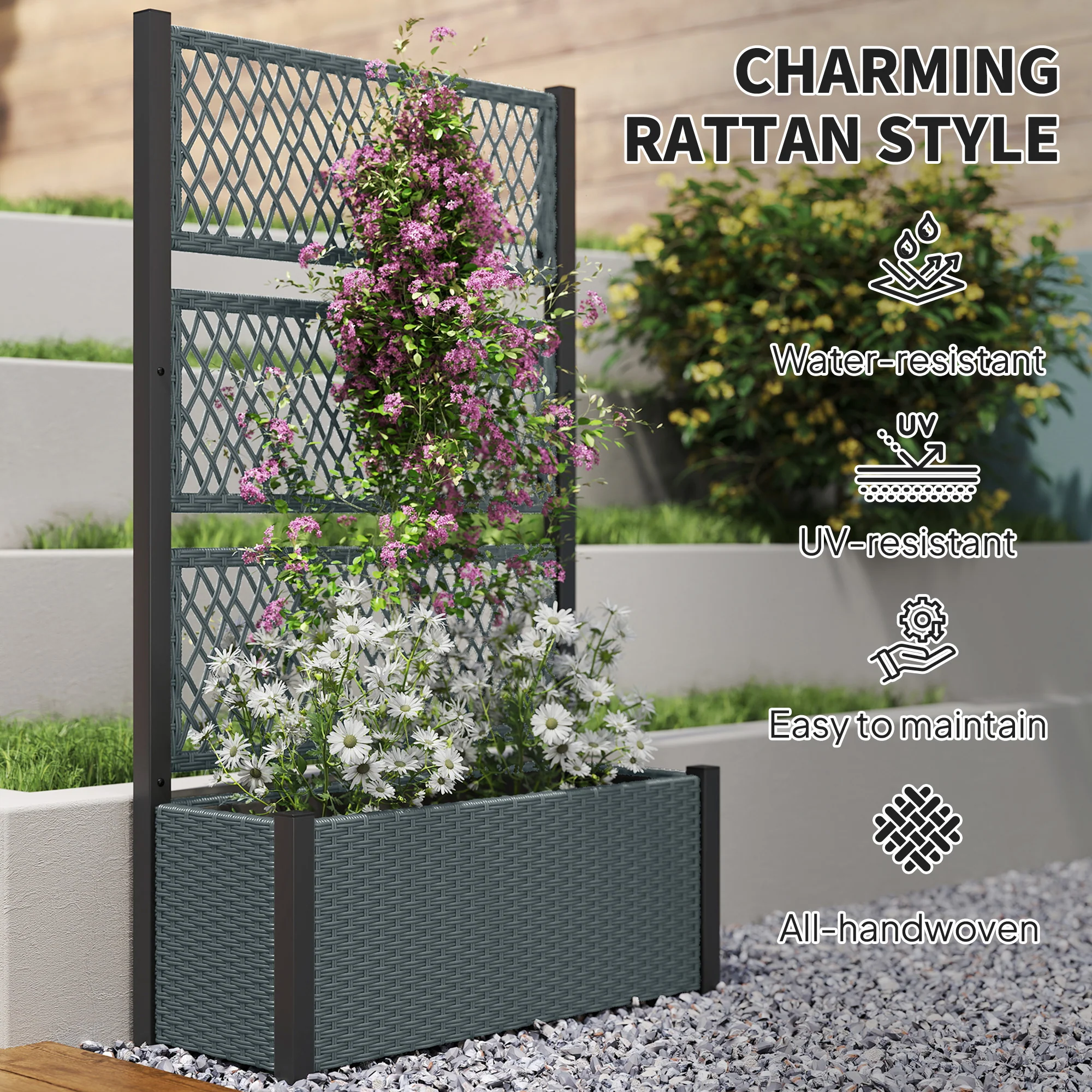 Outsunny Garden Planter Box With Trellis, Rattan Raised Bed - Image 7