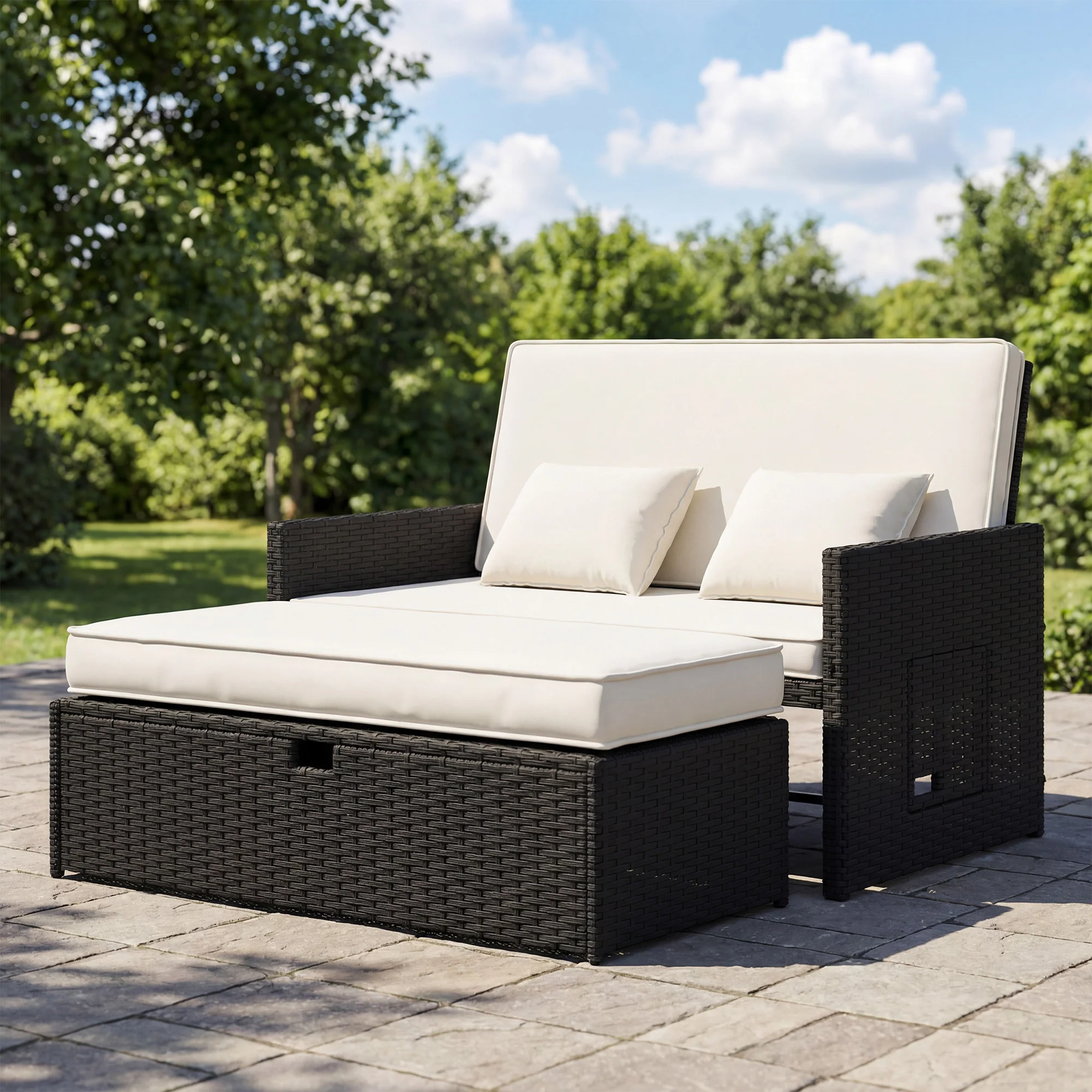 Outsunny Garden Rattan Furniture Set 2 Seater Patio Sun Lounger Daybed Cream - Image 2