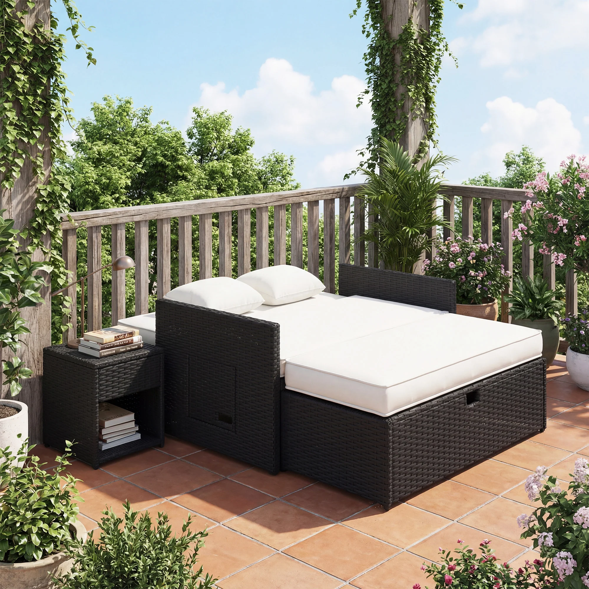 Outsunny Garden Rattan Furniture Set 2 Seater Patio Sun Lounger Daybed Cream - Image 9