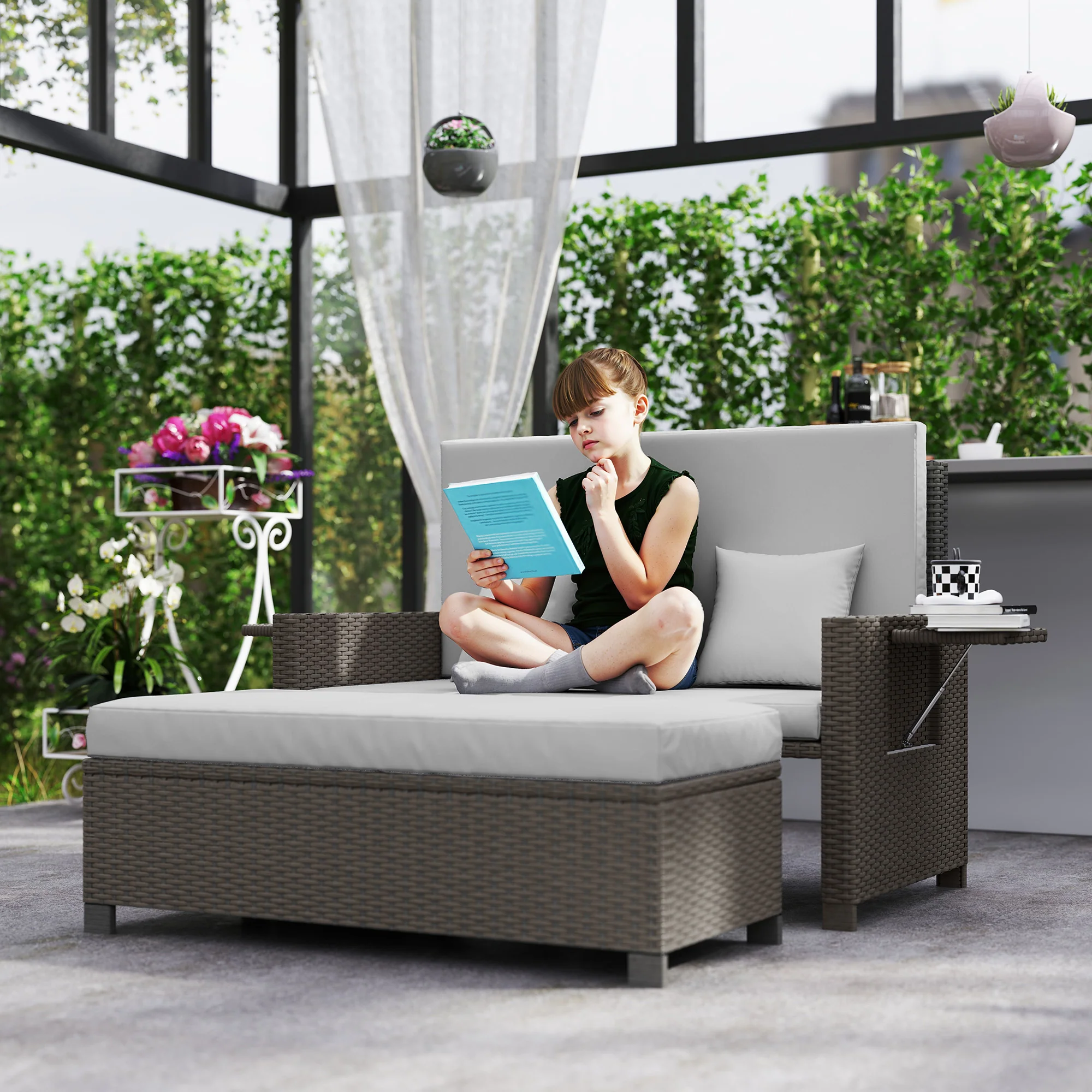 Outsunny Garden Rattan Furniture Set 2 Seater Patio Sun Lounger Daybed Sun Bed - Image 2