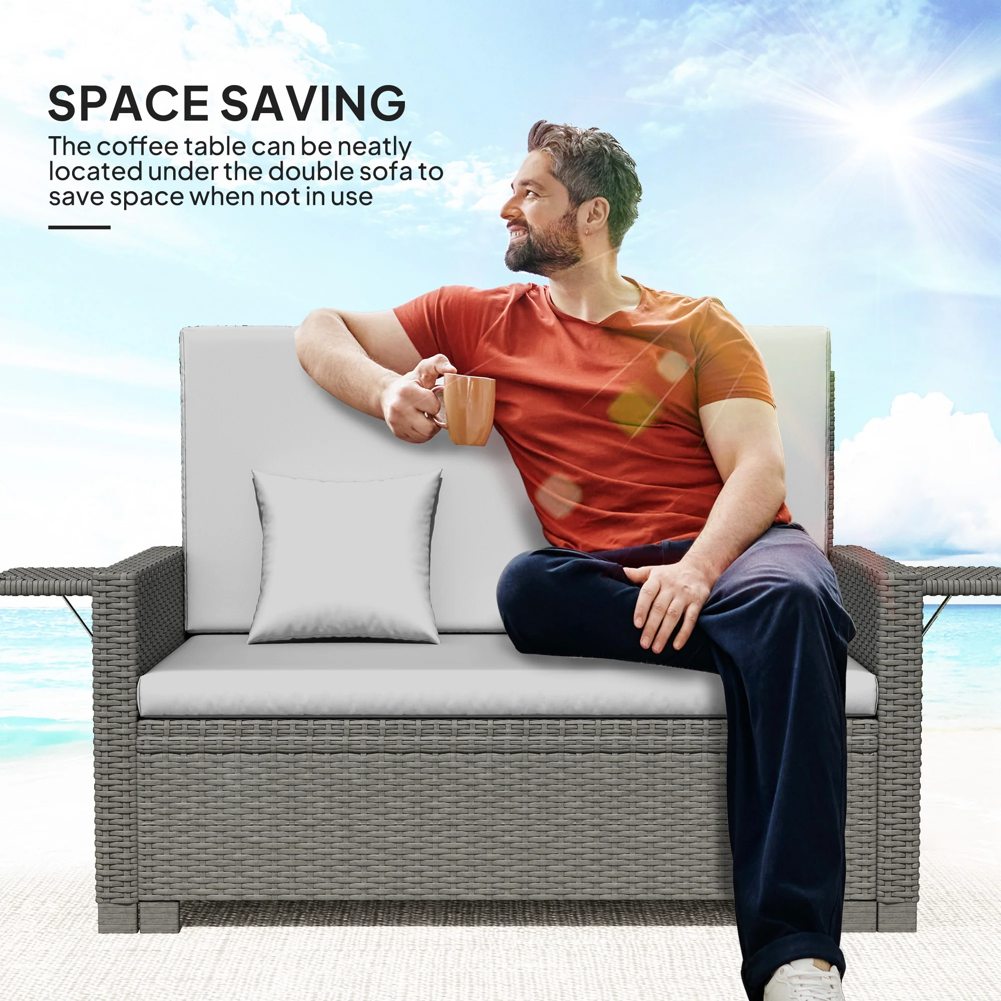 Outsunny Garden Rattan Furniture Set 2 Seater Patio Sun Lounger Daybed Sun Bed - Image 7