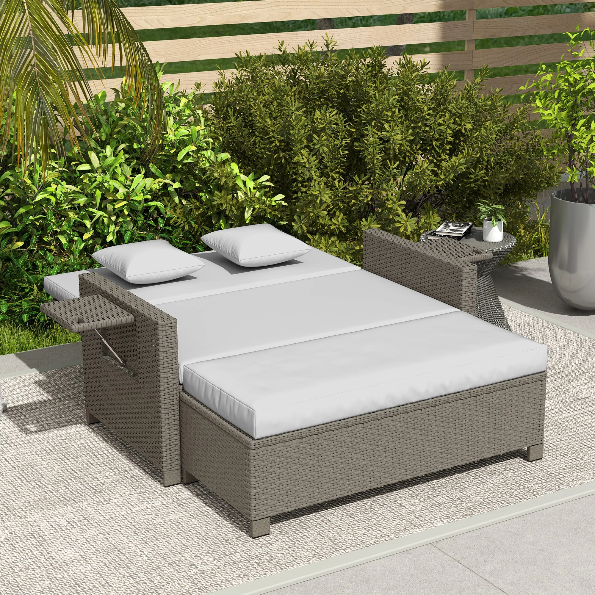 Outsunny Garden Rattan Furniture Set 2 Seater Patio Sun Lounger Daybed Sun Bed - Image 8