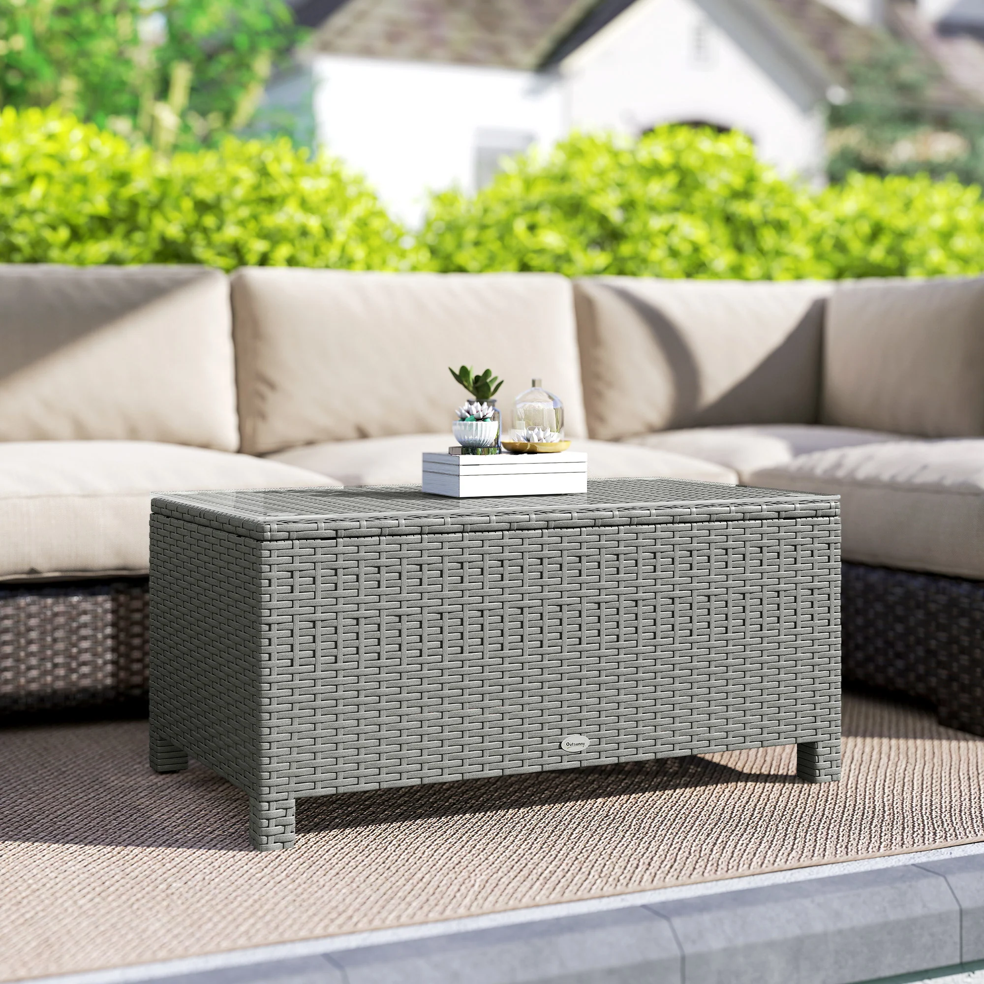 Outsunny Garden Rattan Side Table, Wicker Coffee Desk, Glass Top, Light Grey - Image 2