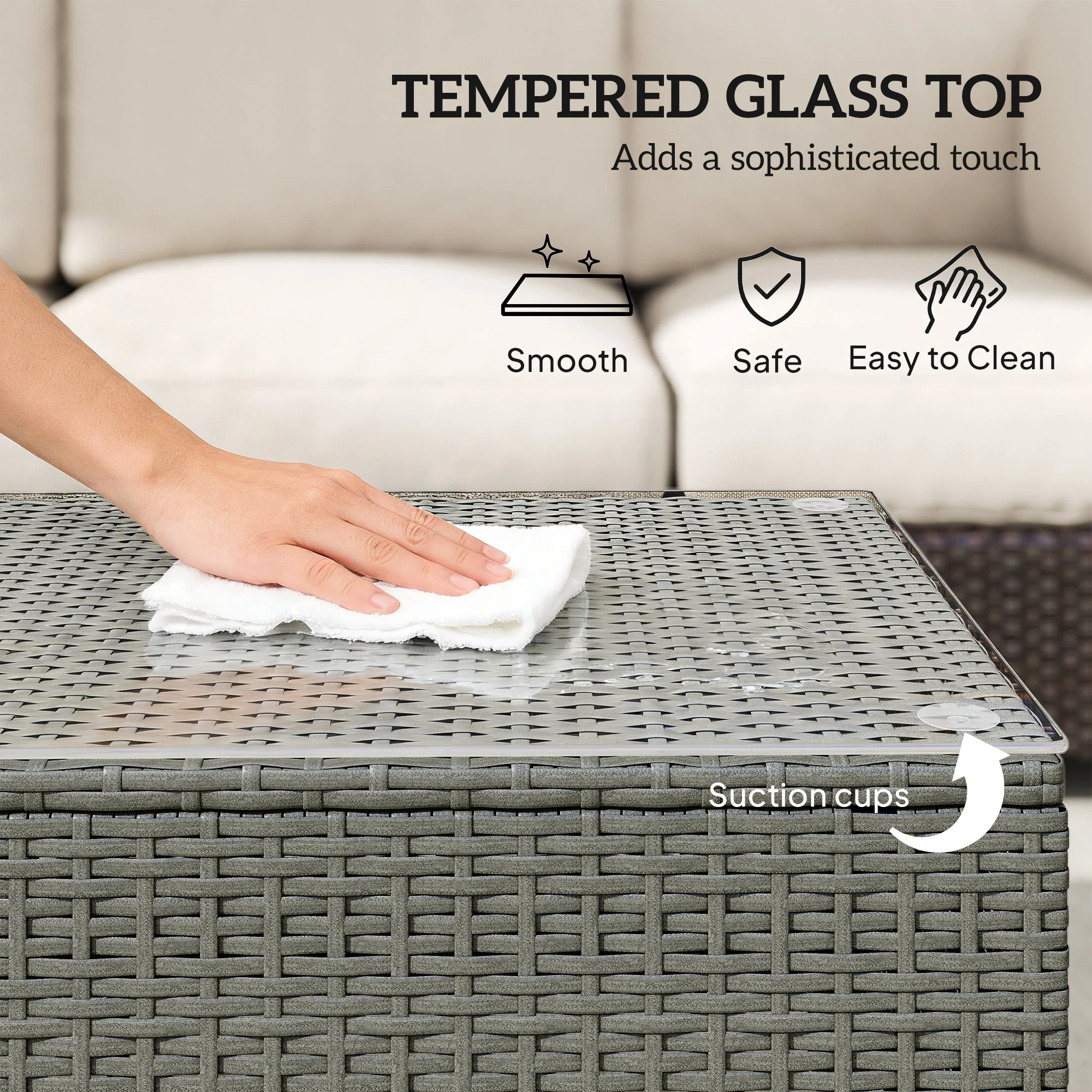 Outsunny Garden Rattan Side Table, Wicker Coffee Desk, Glass Top, Light Grey - Image 5
