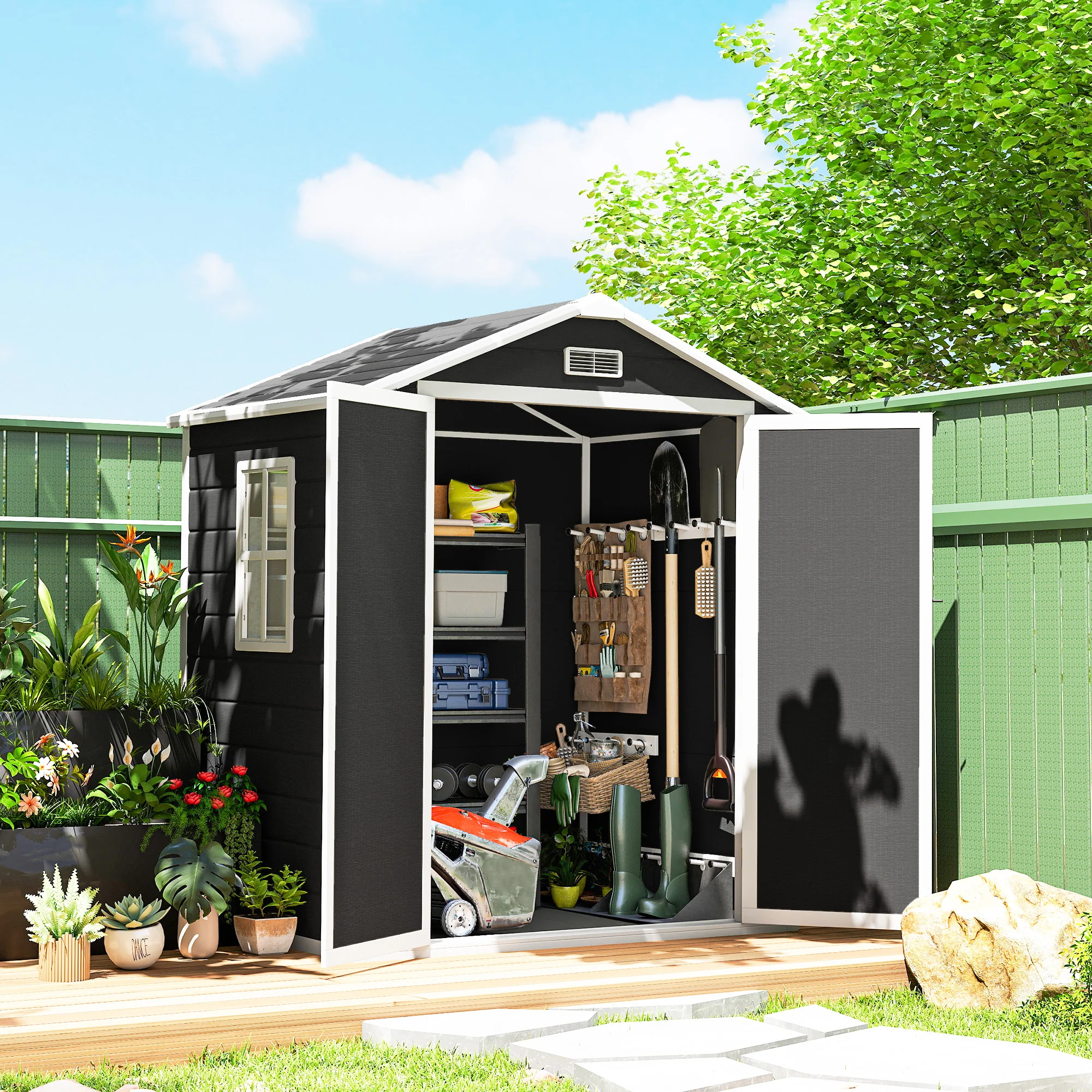 Outsunny Garden Shed 6'x4.5' Plastic Tool Storage House W/ Lockable Double Doors - Image 2