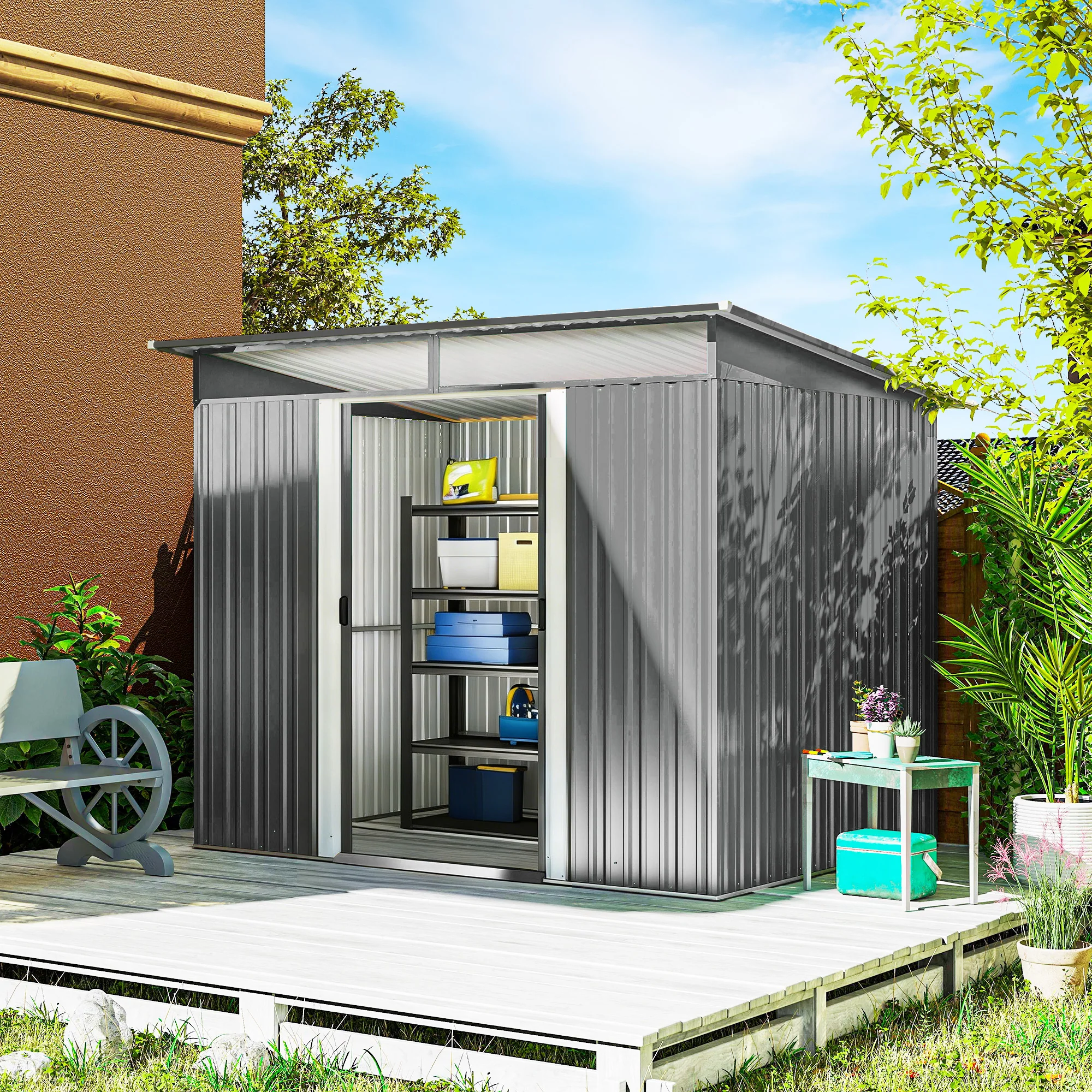 Outsunny Garden Shed Outdoor Storage Tool Organiser W/ Double Sliding Door - Image 2