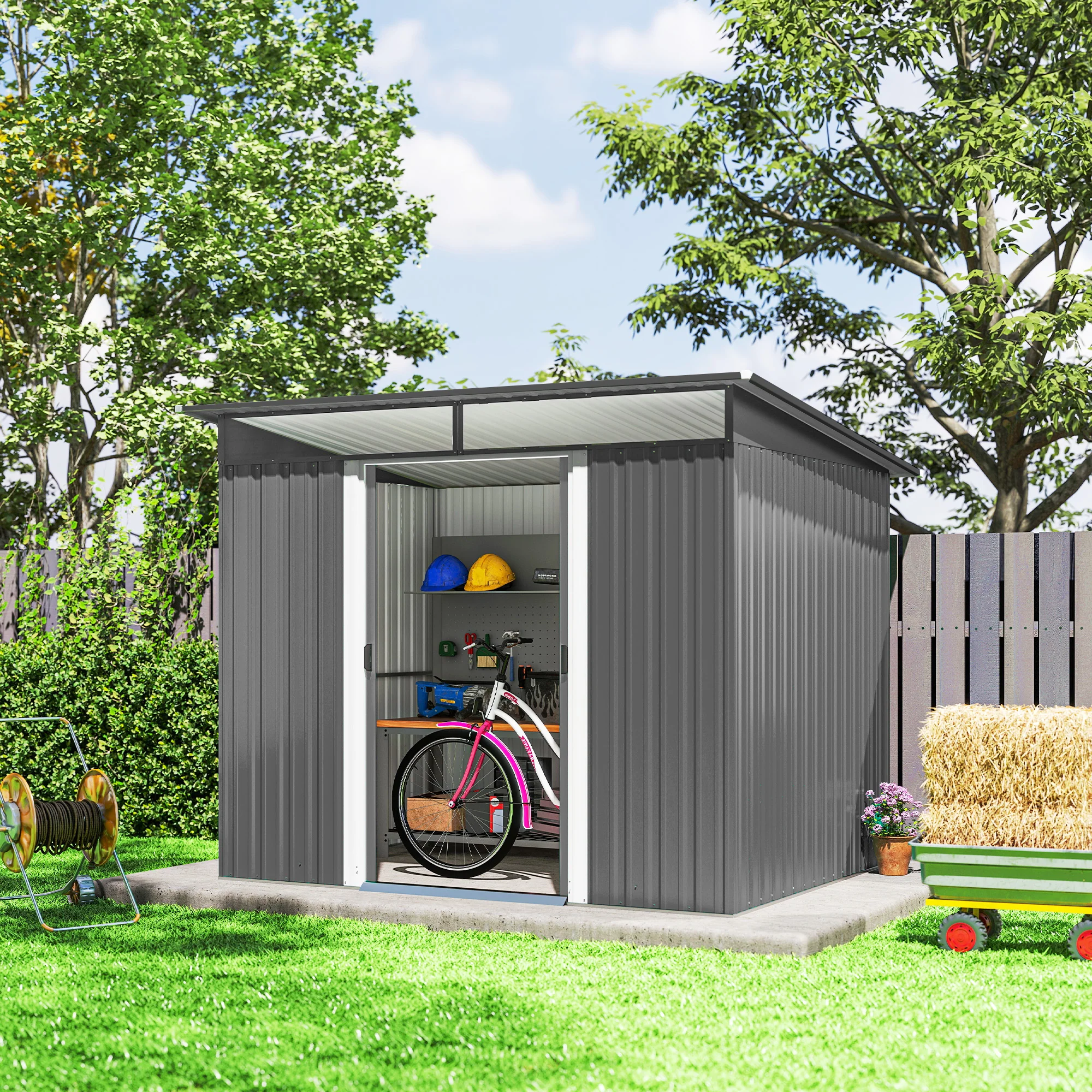 Outsunny Garden Shed Outdoor Storage Tool Organiser W/ Double Sliding Door - Image 7
