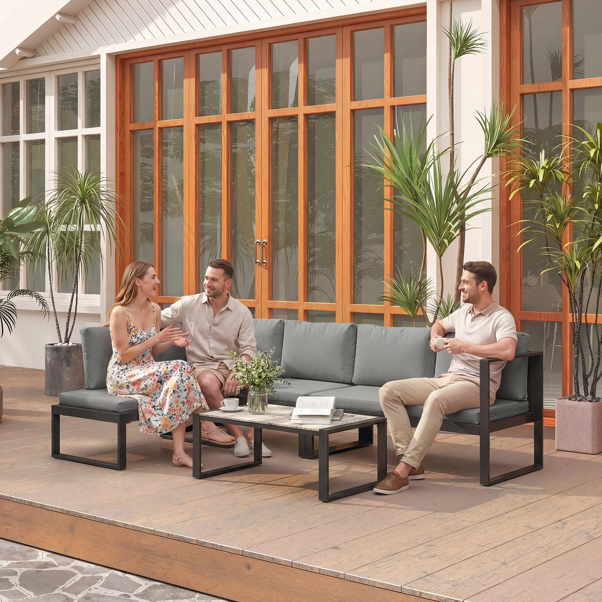 Outsunny Garden Sofa Set with 2 Loveseats, Armless Chair, Coffee Table - Image 2