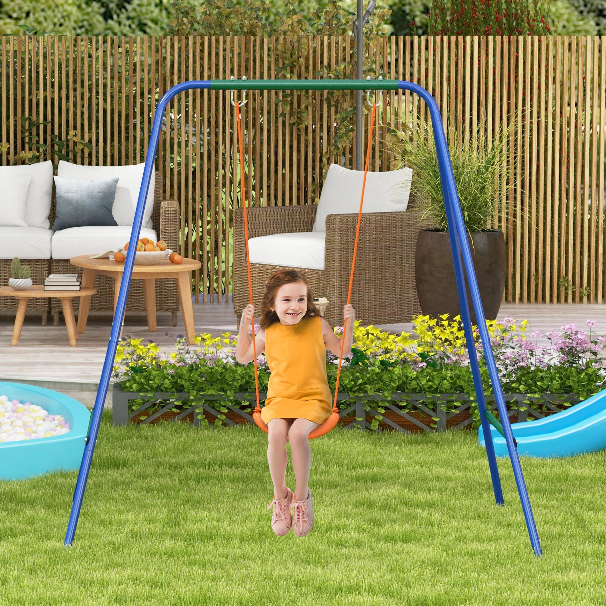 Outsunny Garden Swing Set for Toddlers, Kids with Seats, Safety Belt, Orange - Image 2