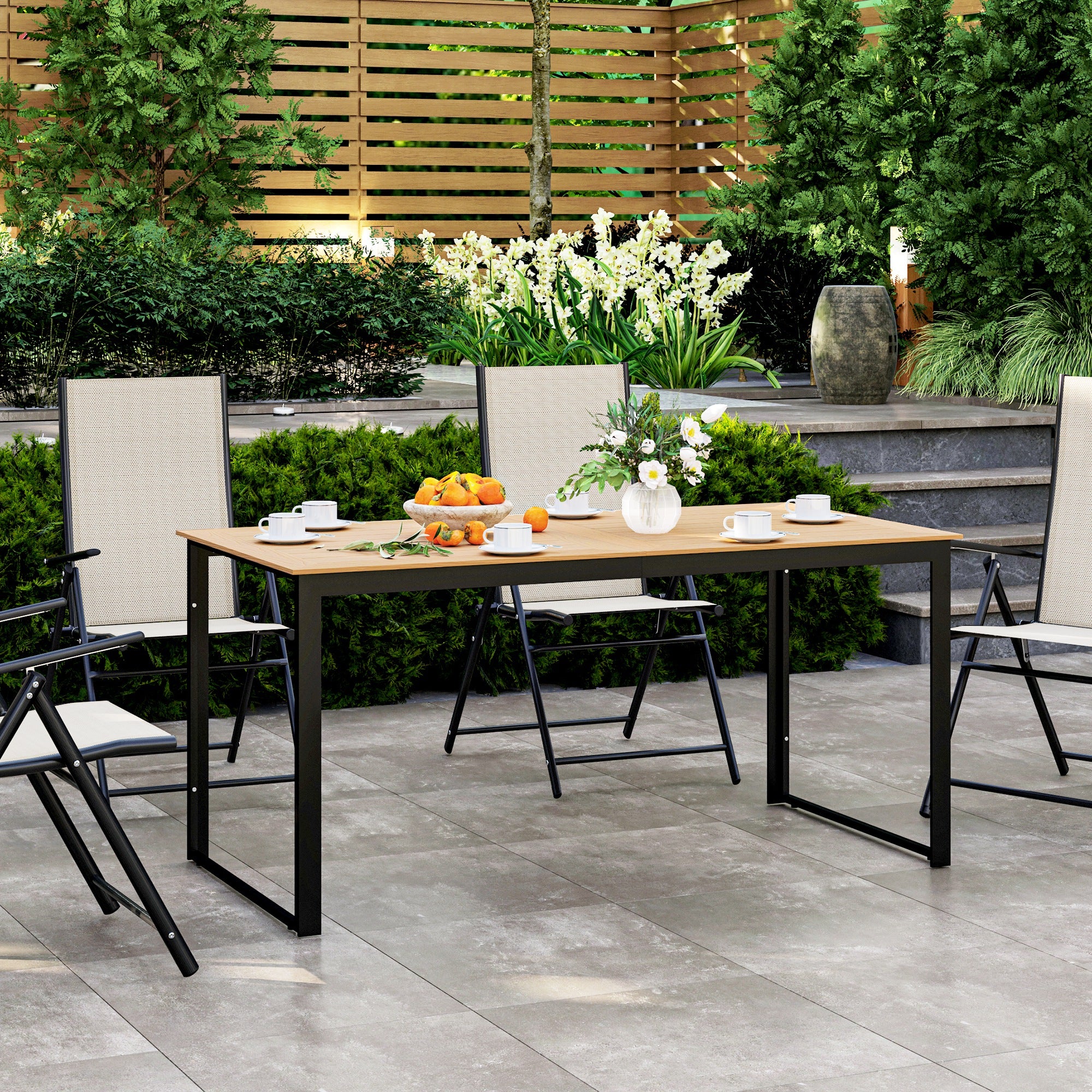 Outsunny Garden Table for 6 People with Slatted Table Top, Metal Frame, Teak - Image 8