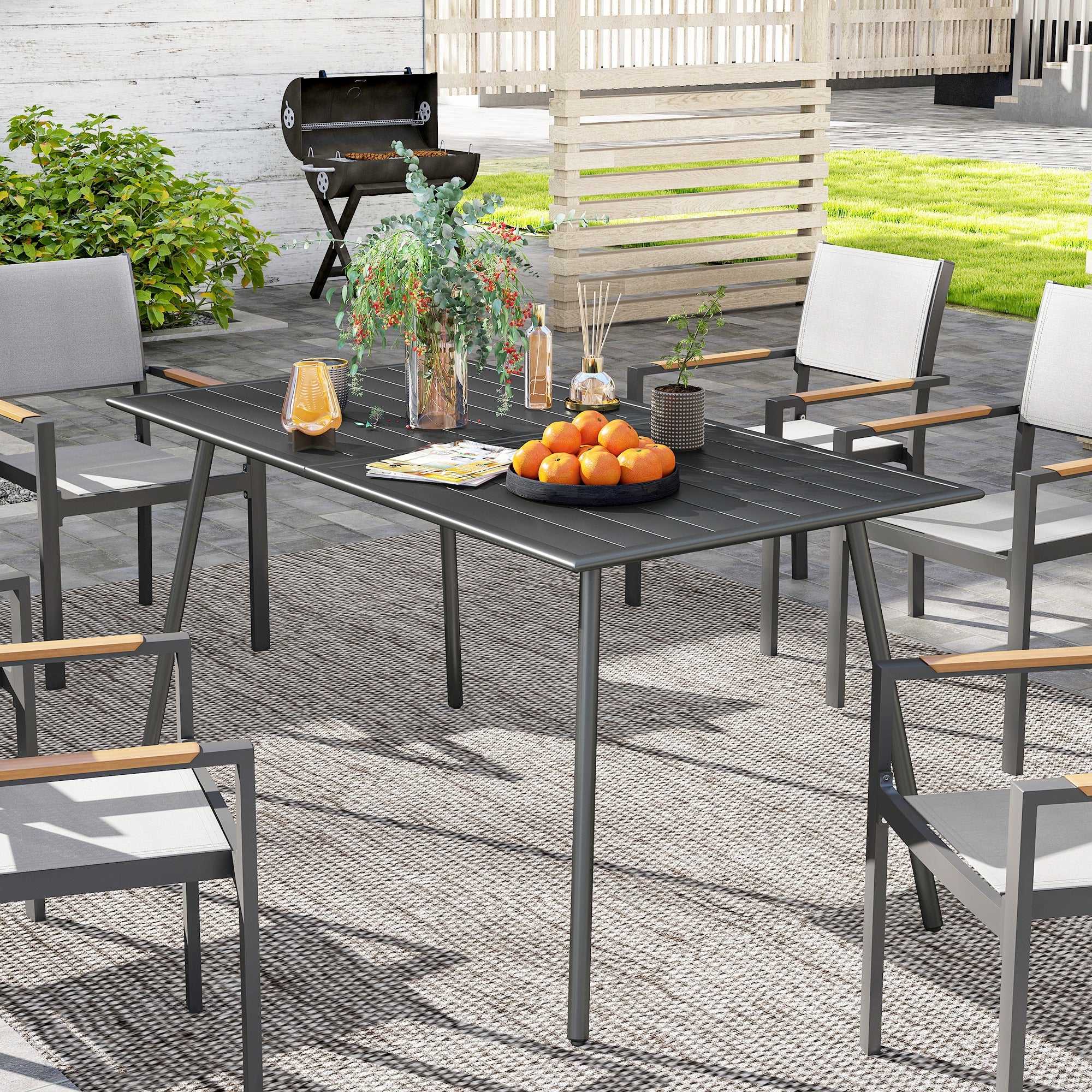 Outsunny Garden Table for 6 Person with Slat Top, Steel Frame - Image 11