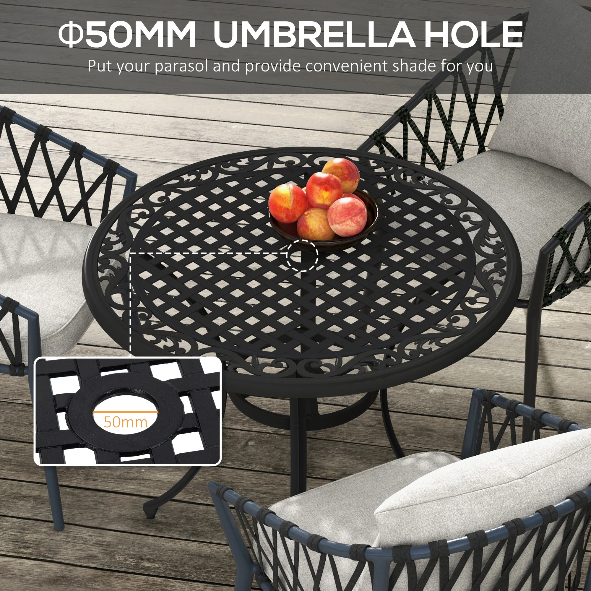 Outsunny Garden Table with Parasol Hole for 2-4, Cast Aluminium Frame - Black - Image 3