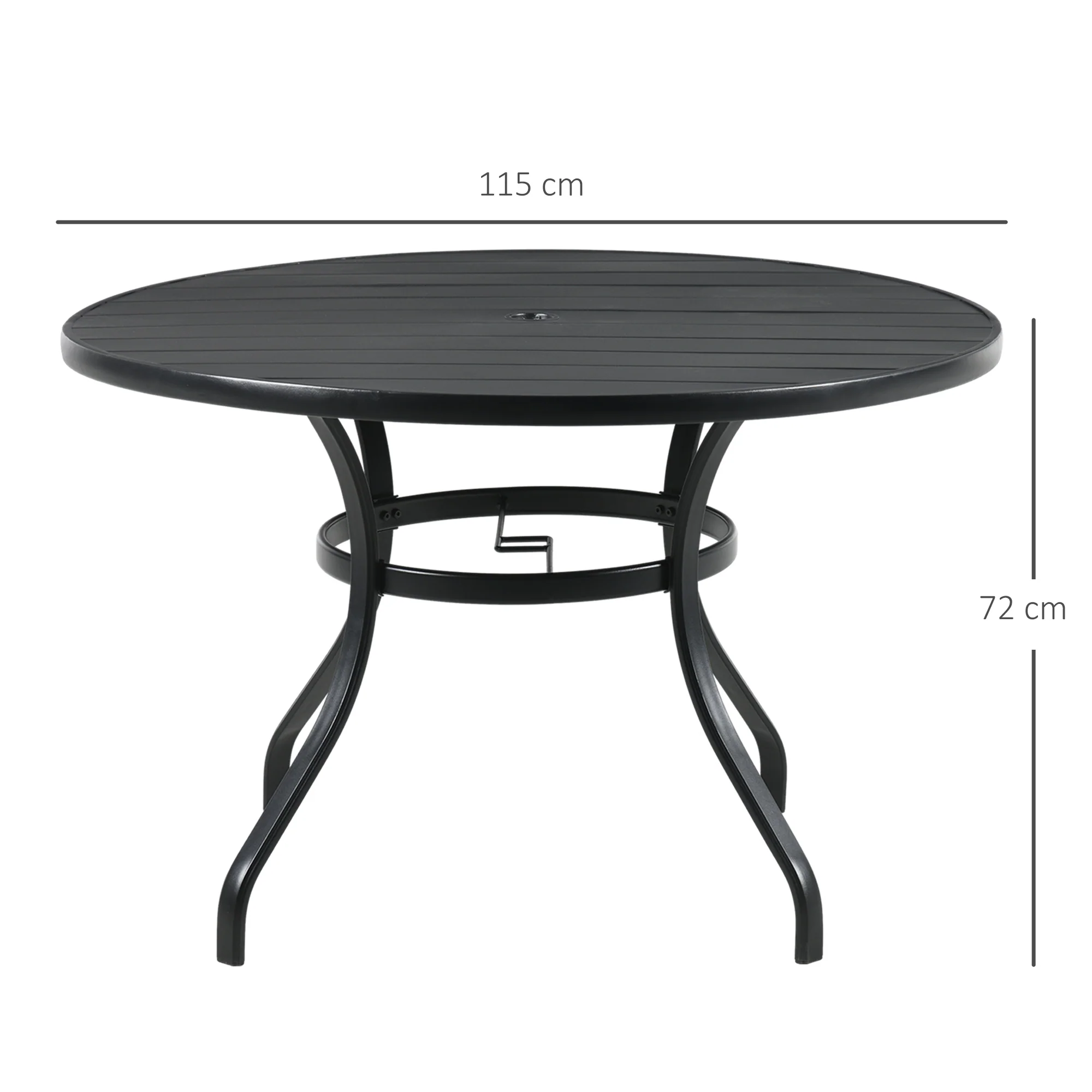 Outsunny Garden Table with Parasol Hole for Four, Slatted Metal Top, Black - Image 5