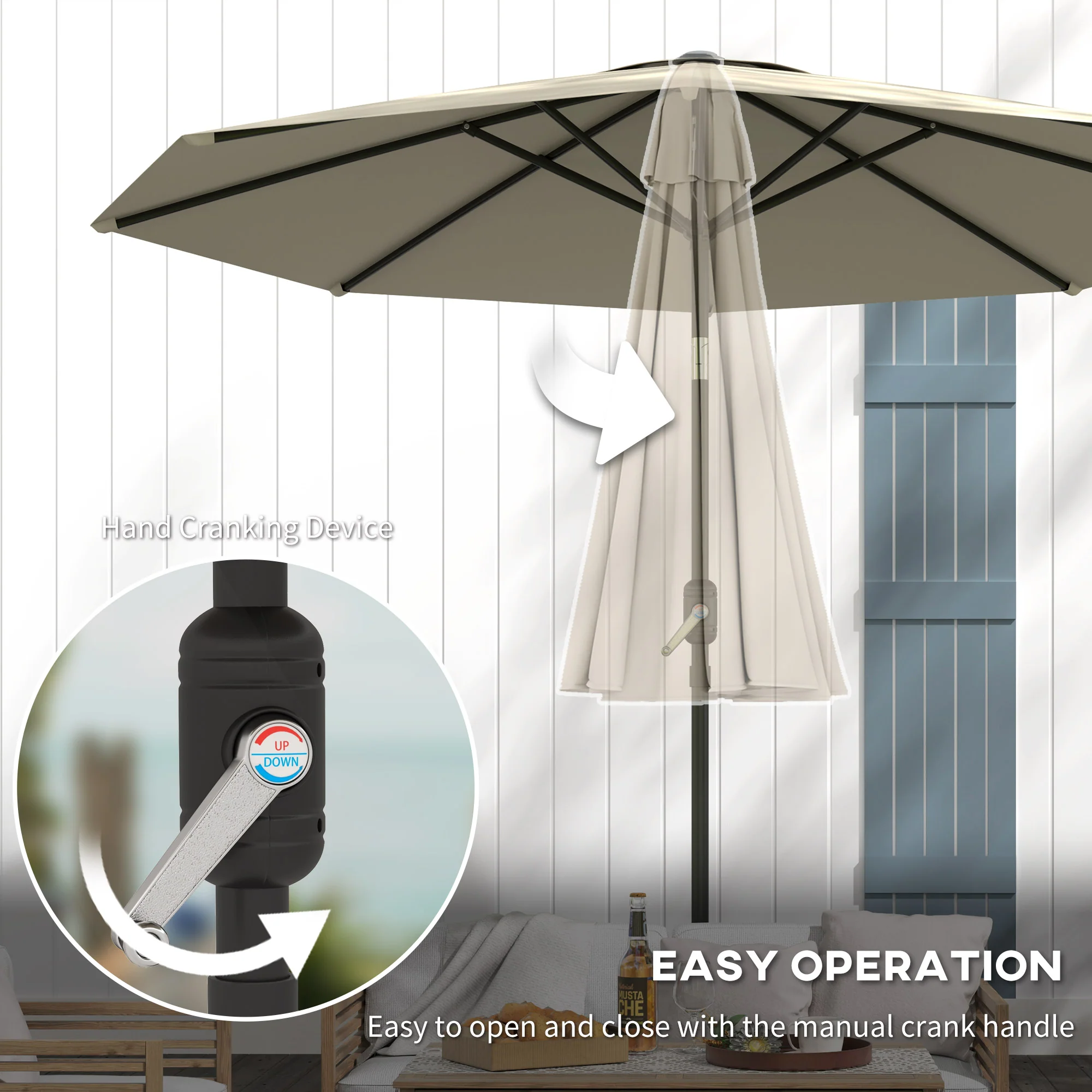 Outsunny Garden Umbrella Parasol Sun Shade Aluminium Light Grey, 2.7M - Image 3