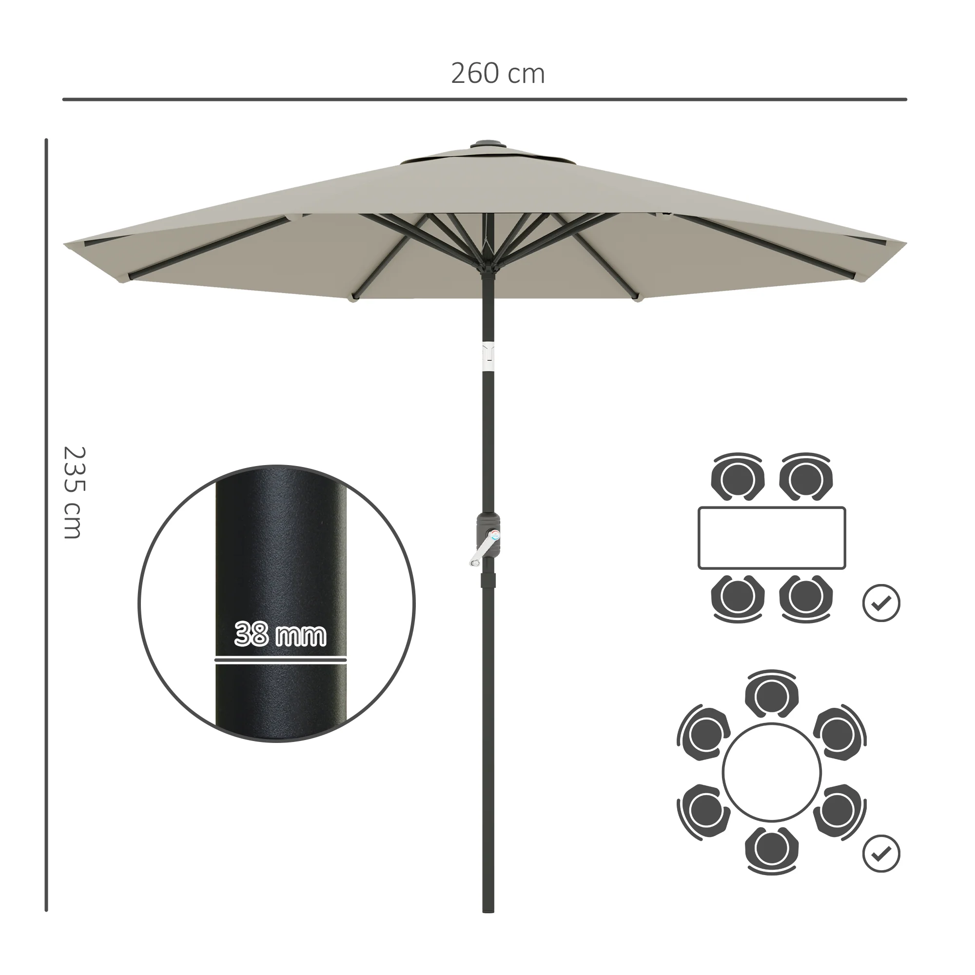 Outsunny Garden Umbrella Parasol Sun Shade Aluminium Light Grey, 2.7M - Image 5
