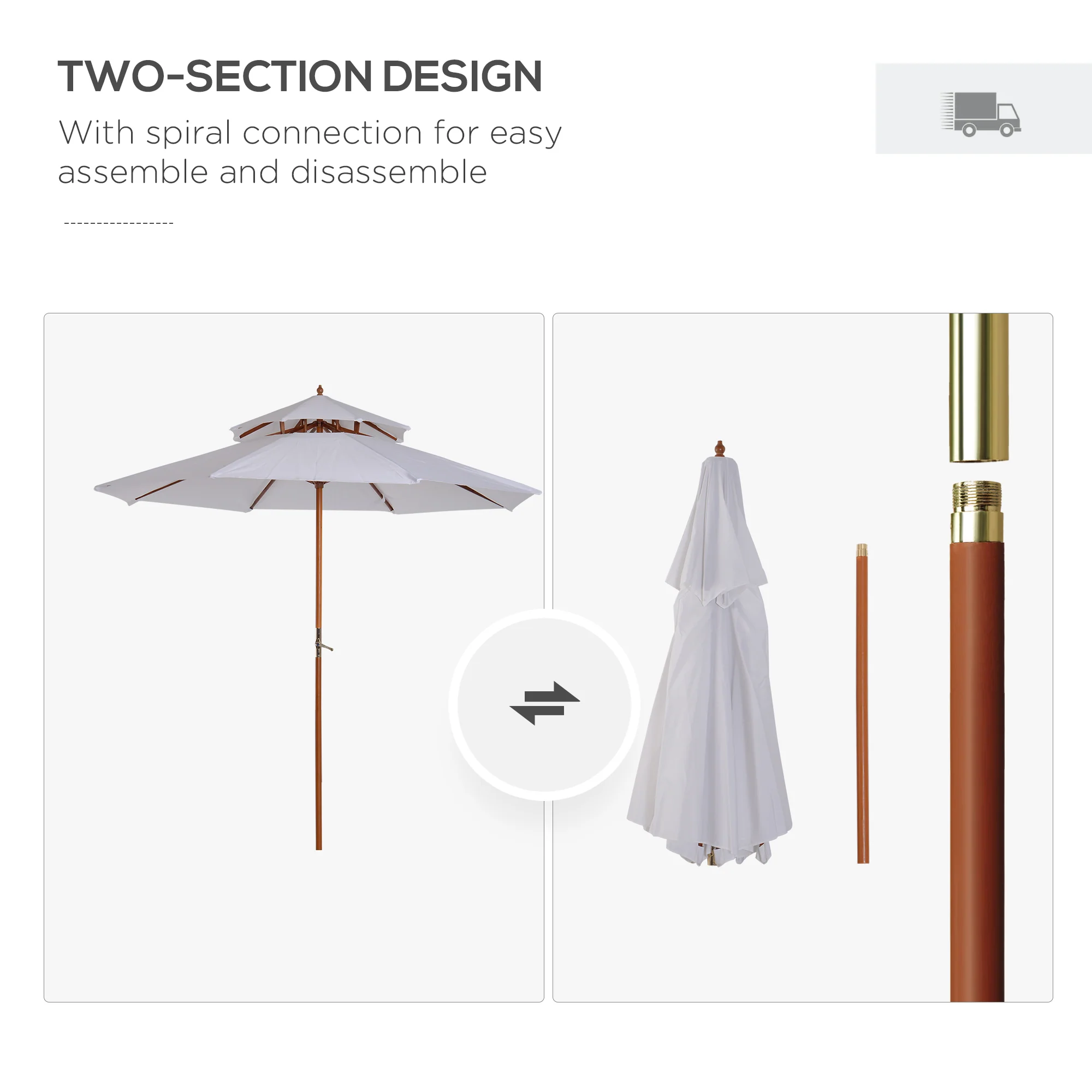 Outsunny Garden Wood Patio Parasol Sun Shade Outdoor Umbrella Canopy Cream - Image 3